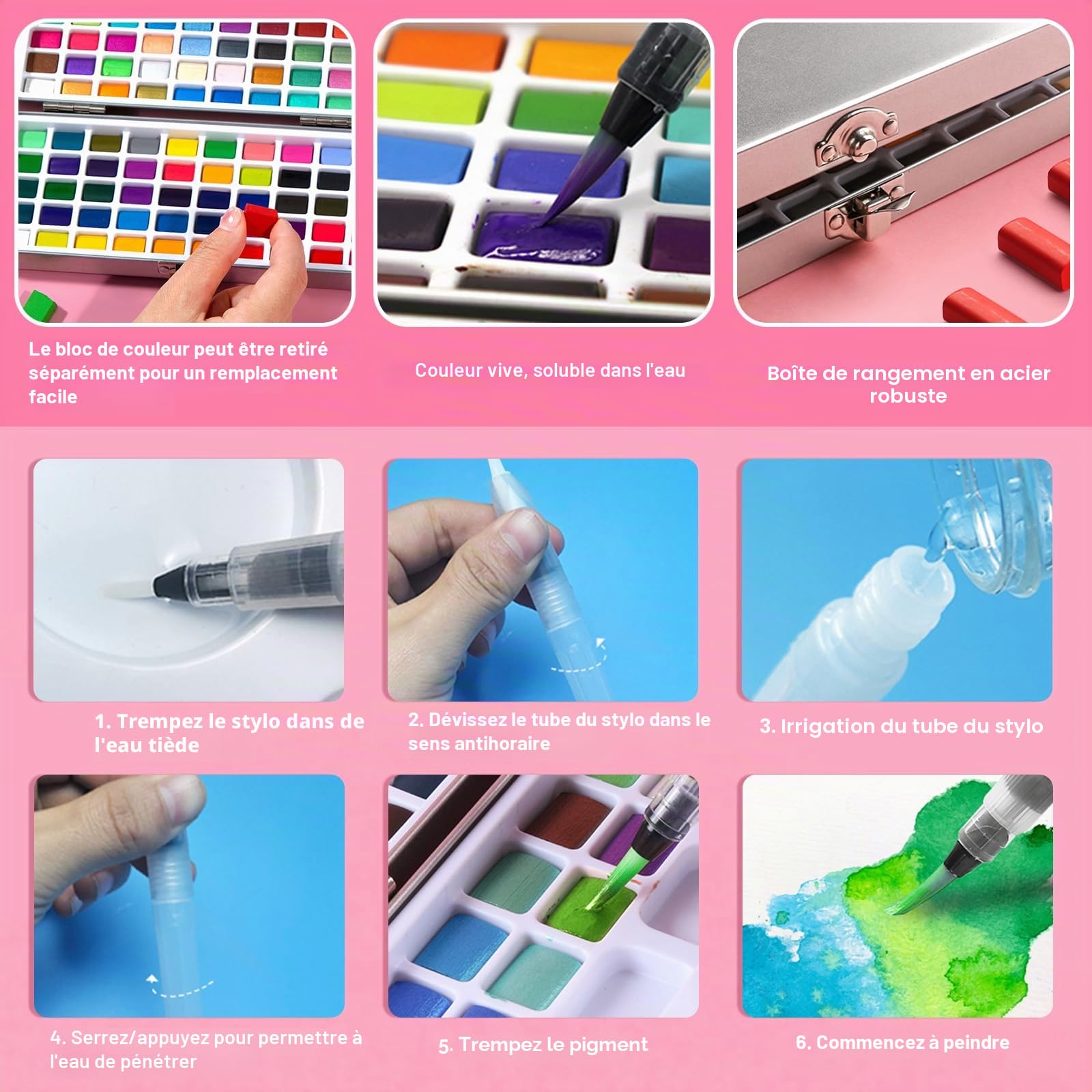 Set de Peinture Aquarelle Solide 100 Couleurs Kit Enfant Débutant