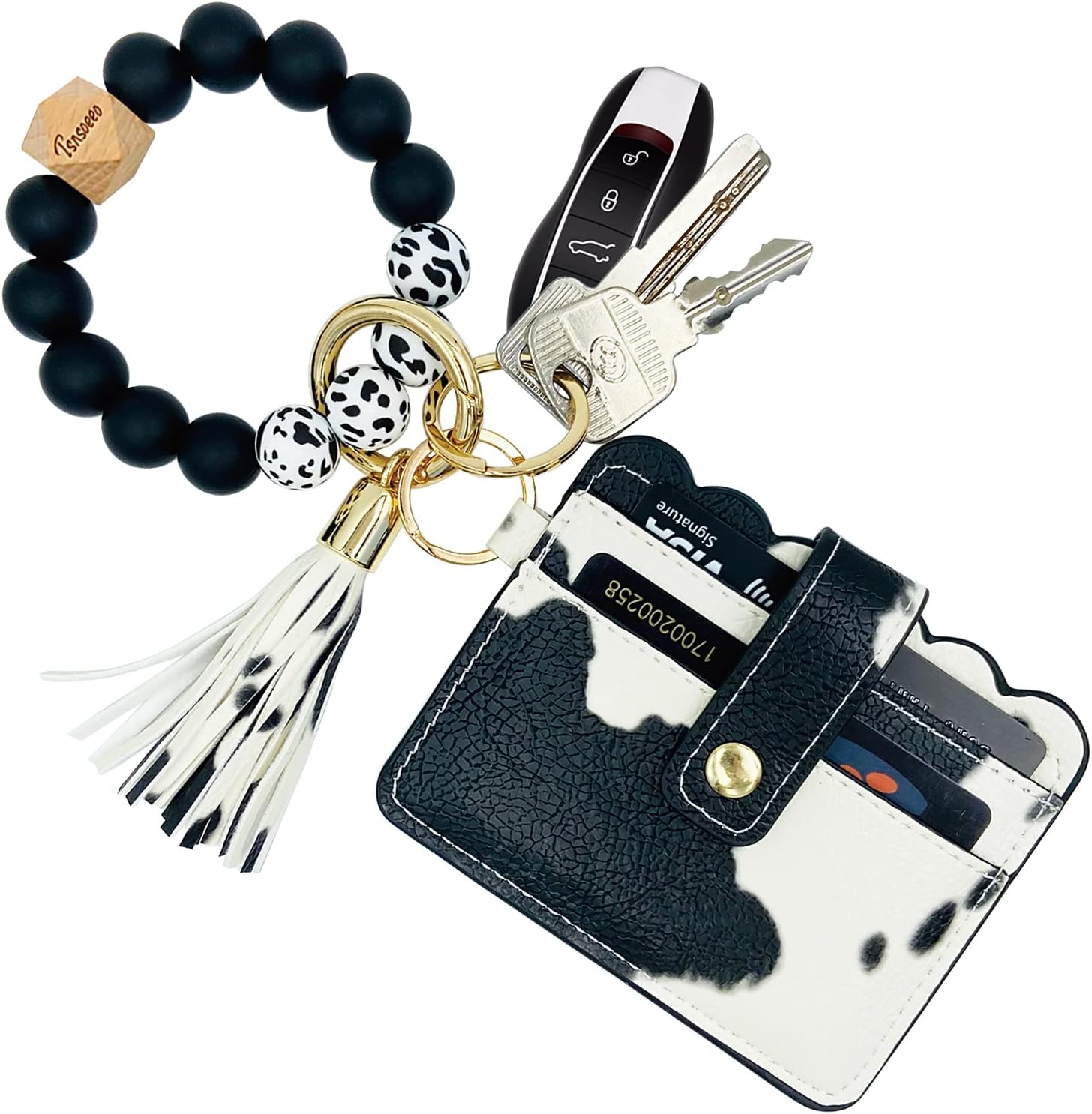 Keychain Wallet Wristlet Small Credit Card Holder Bracelet Key Chain Purse Bangle Tassel Beads Key Rings for Women