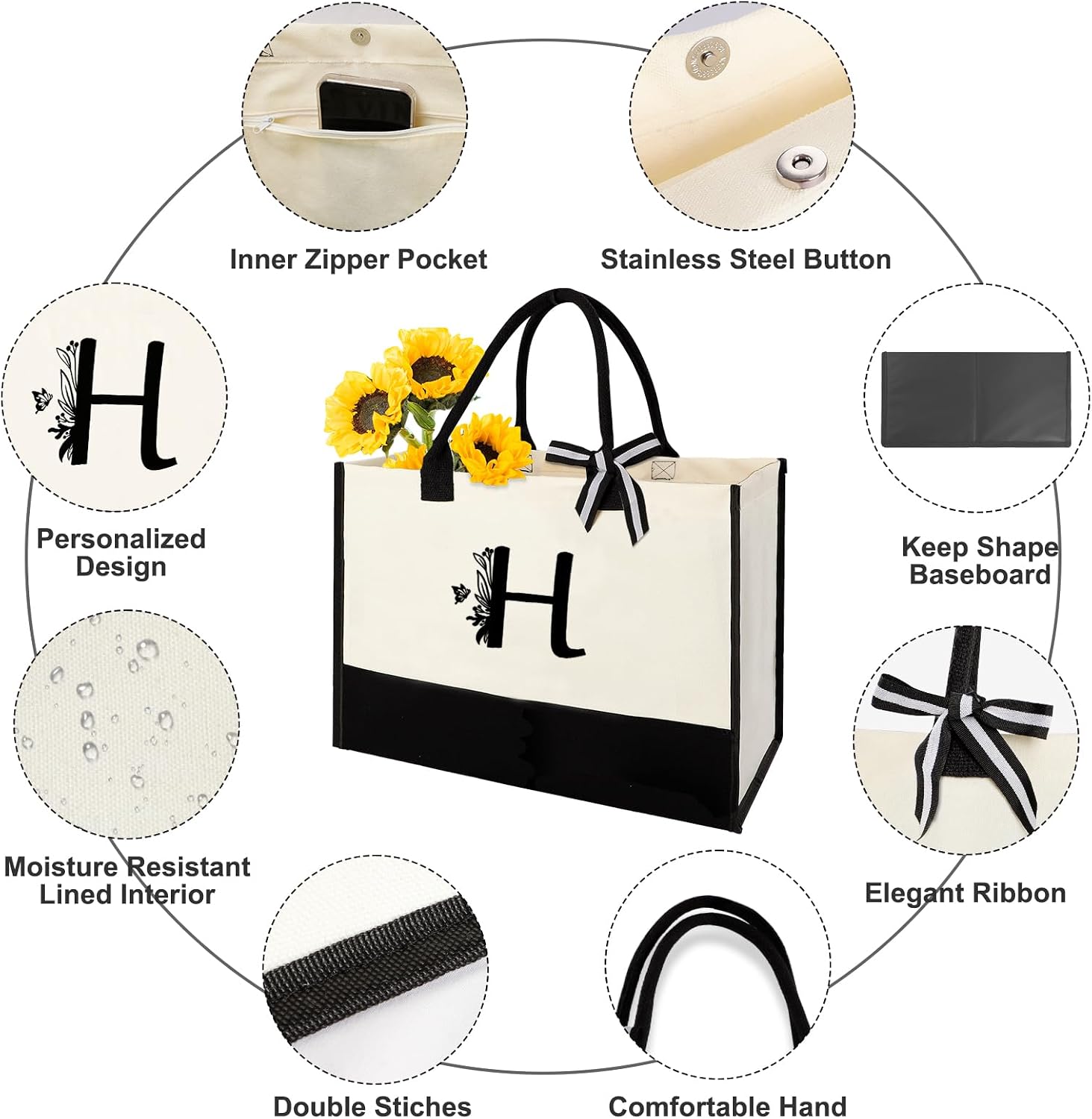 Personalized Gifts for Women - Initial Canvas Tote Bag & Makeup Bag, Custom Bags for Beach, Christmas, Wedding, Birthday, Holiday, Monogram Birthday Gifts for Women, Wife, Friend, Teacher, Mom - H