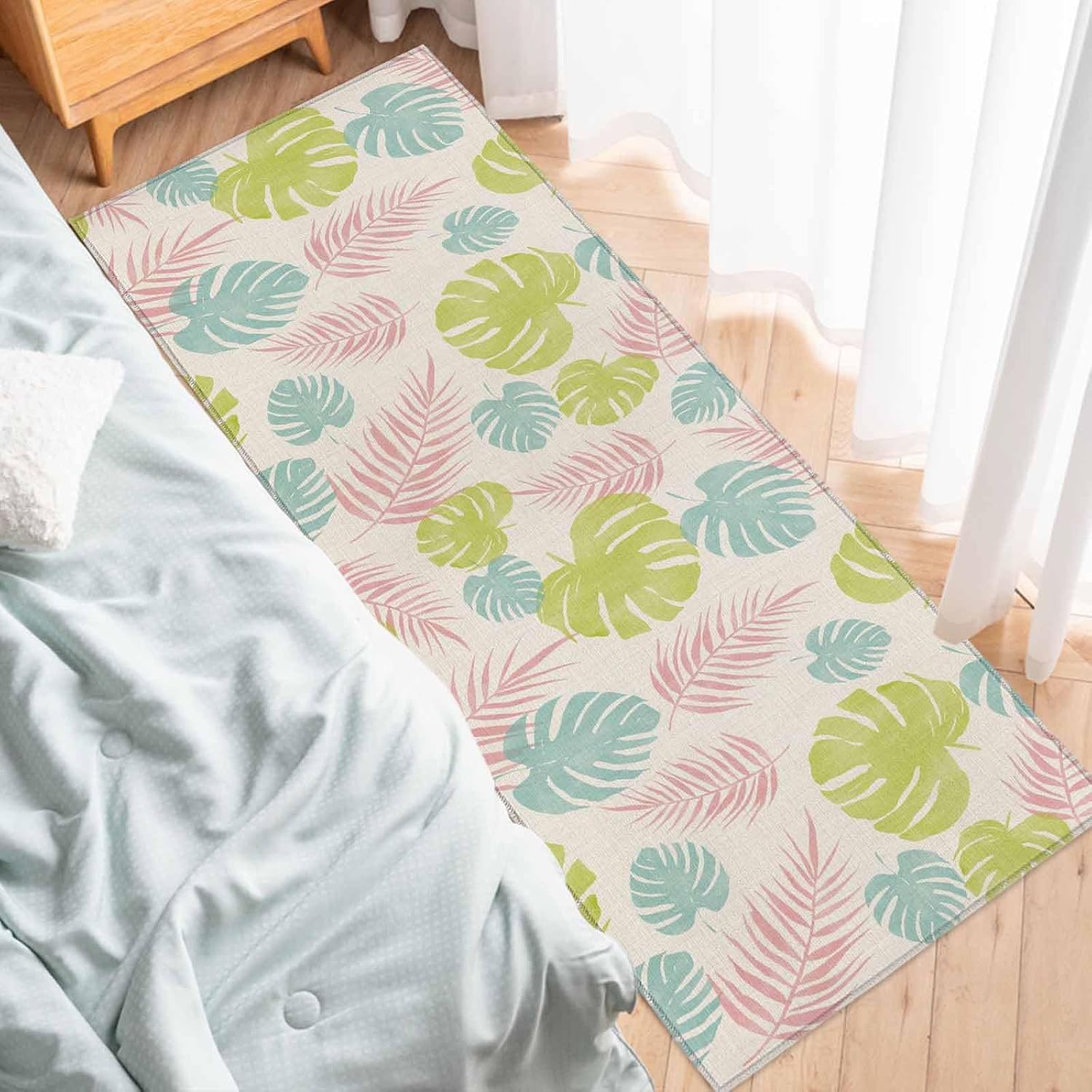 Teamery Kitchen Mats for Floor Blue Green Pink Monstera Leaves Washable Non Slip Kitchen Rugs 1PCS, Leaf on Retro Linen Absorbent Standing Mats for Sink Bathroom Office Living Room 15.7x47.2in
