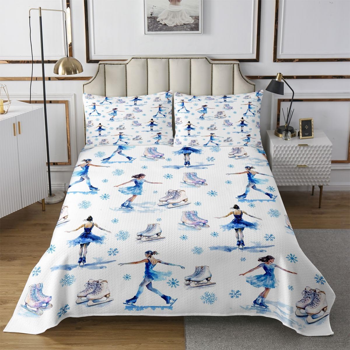 jejeloiu Ice Skating Bedspread 2 Pieces Twin Size Cartoon Snowflake Dreamy Coverlet Set Soft Cozy Ice Skates Figure Skating Romantic Sports Quilted Coverlet for All Season with 1 Pillowcase