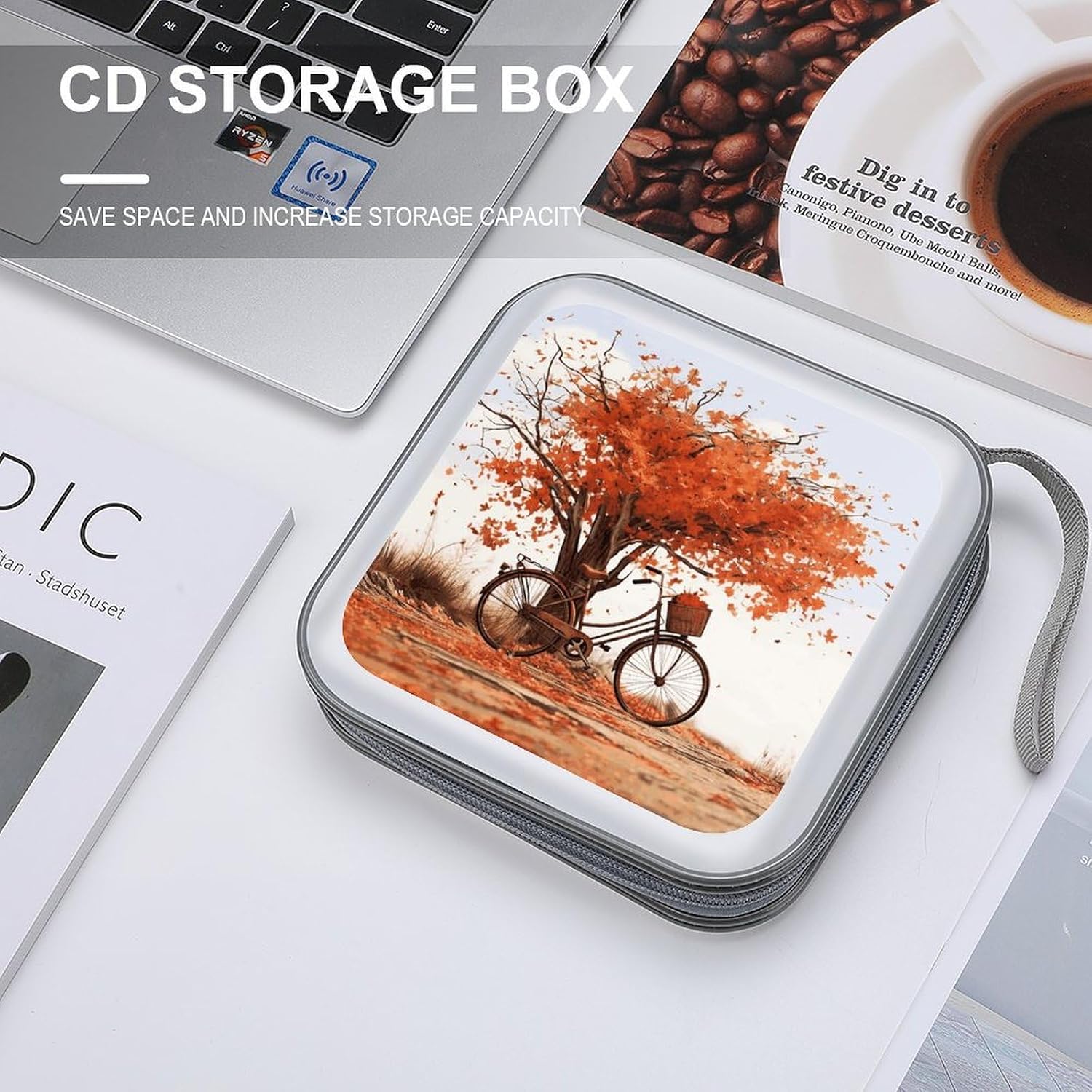 Autumn Tree with Aged Old Bike CD Case 40 Capacity CD Holder Organizer Portable Zipper DVD Collection Storage Bag Compact Cases Storage Binder Plastic Holder Disc Car Home Travel image 4