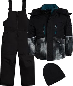 Boys 2-Piece Snowsuit Set Insulated Ski Jacket, Snow Bib & Hat | Heavyweight Fleece-Lined Warmth, Hooded Puffer Coat, Overall Bibs, Weatherproof Cold-Weather Gear for Sledding and Slopes