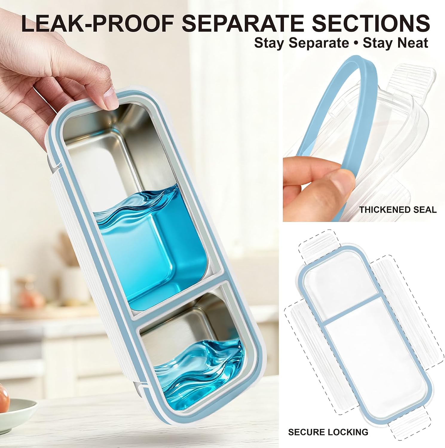 2-Piece Blue Stainless Steel Bento Box Set - 2+3 Compartment Leak-Proof Snackle Box, Reusable Snack Containers with Lids for Kids & Adults, Stainless Steel Lunch Box & Snack Pack Containers image 3