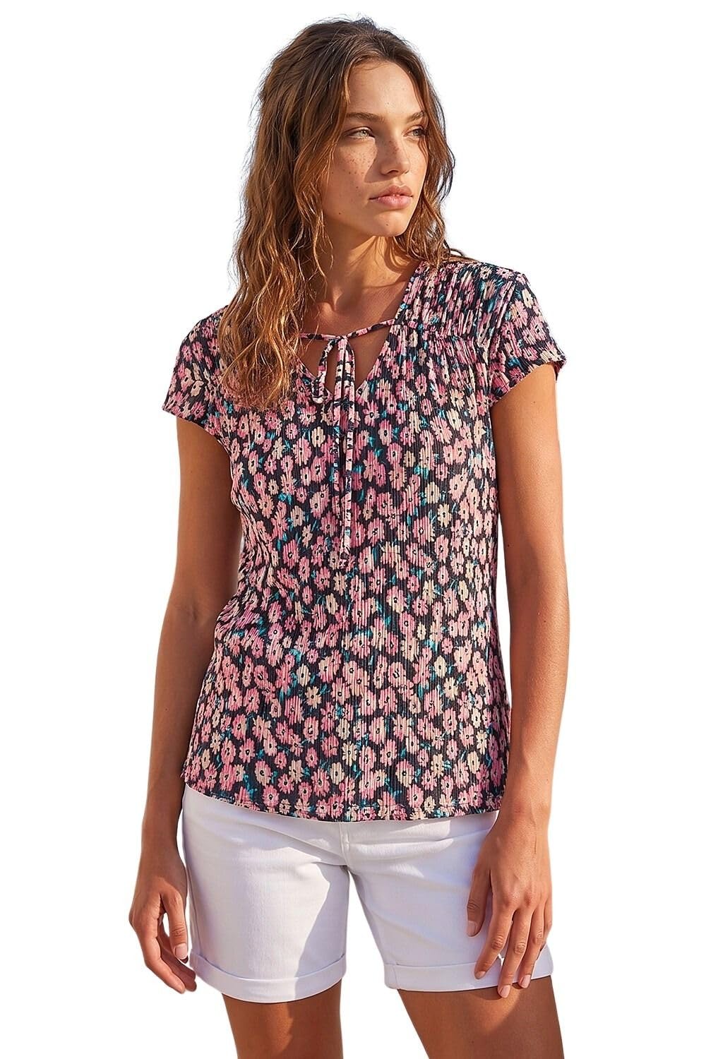 Roman Originals Women's Pink Roman Petite Floral Print Crinkle V-Neck Top For Uk - Spring Everyday Summer Holiday Short Sleeve Soft Plisse Fabric Comfy Pull On Shirt Day Out Blouses - Size 16