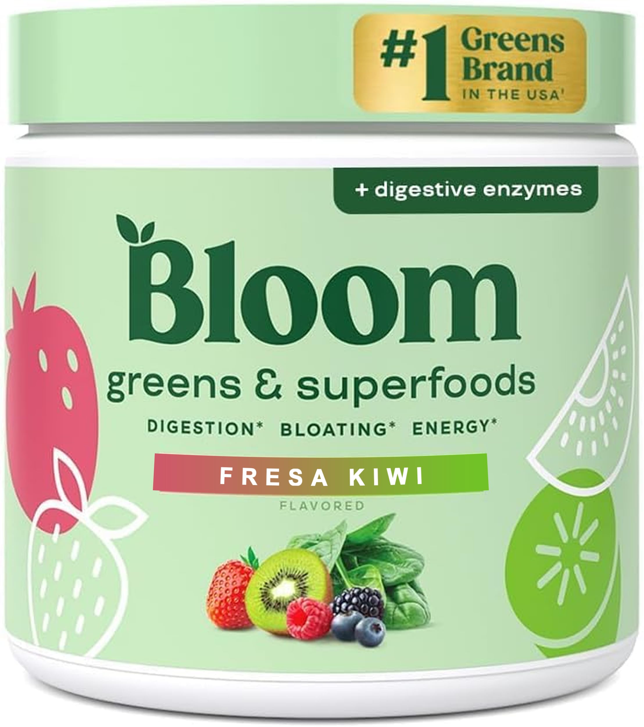 Bloom Superfood Mujer Fresa Kiwi con probióticos, enzimas, espirulina y chlorella. Apoya salud intestinal, energía, desintoxicación y anti-bloating. 25 porciones para smoothies.