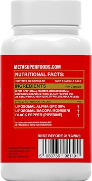 Alpha GPC & Bacopa Monnieri 1500mg | 120 Capsules High Strength Liposomal Max Absorbtion Alpha-GPC Choline Supplement Memory, Focus Brain Support