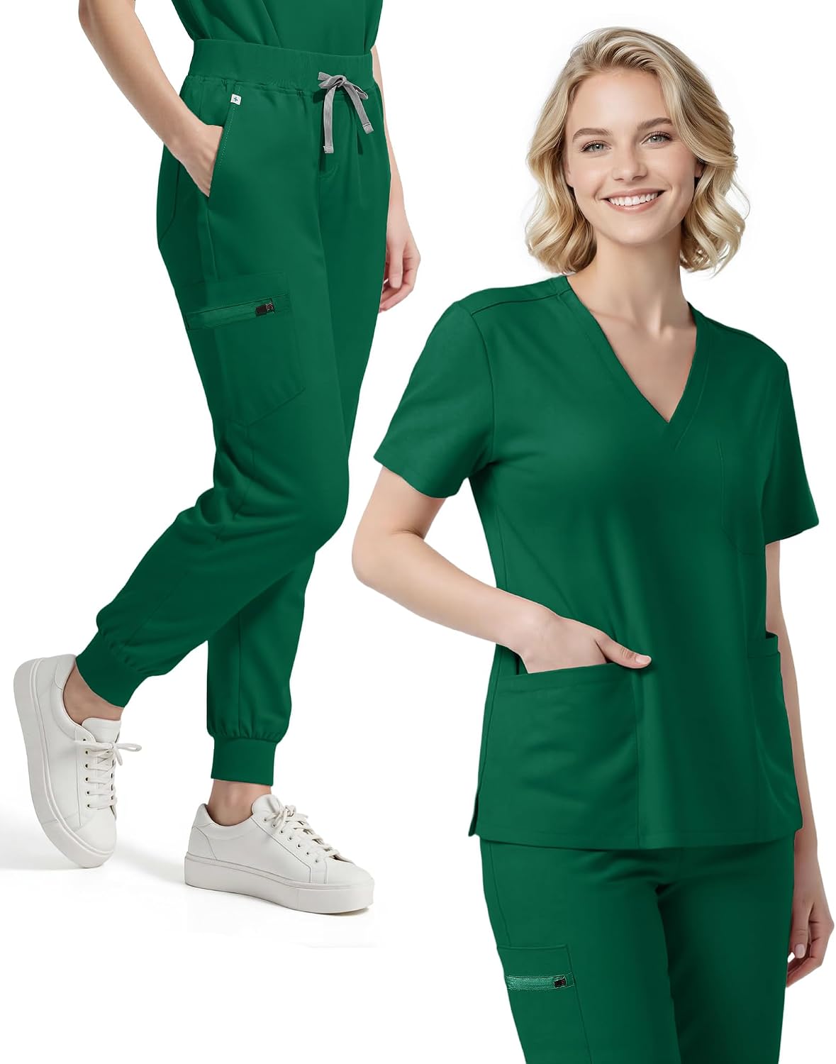 scrubs for women set, stretchy v-neck top & jogger pants with multi-pocket yoga waistband large hunter green