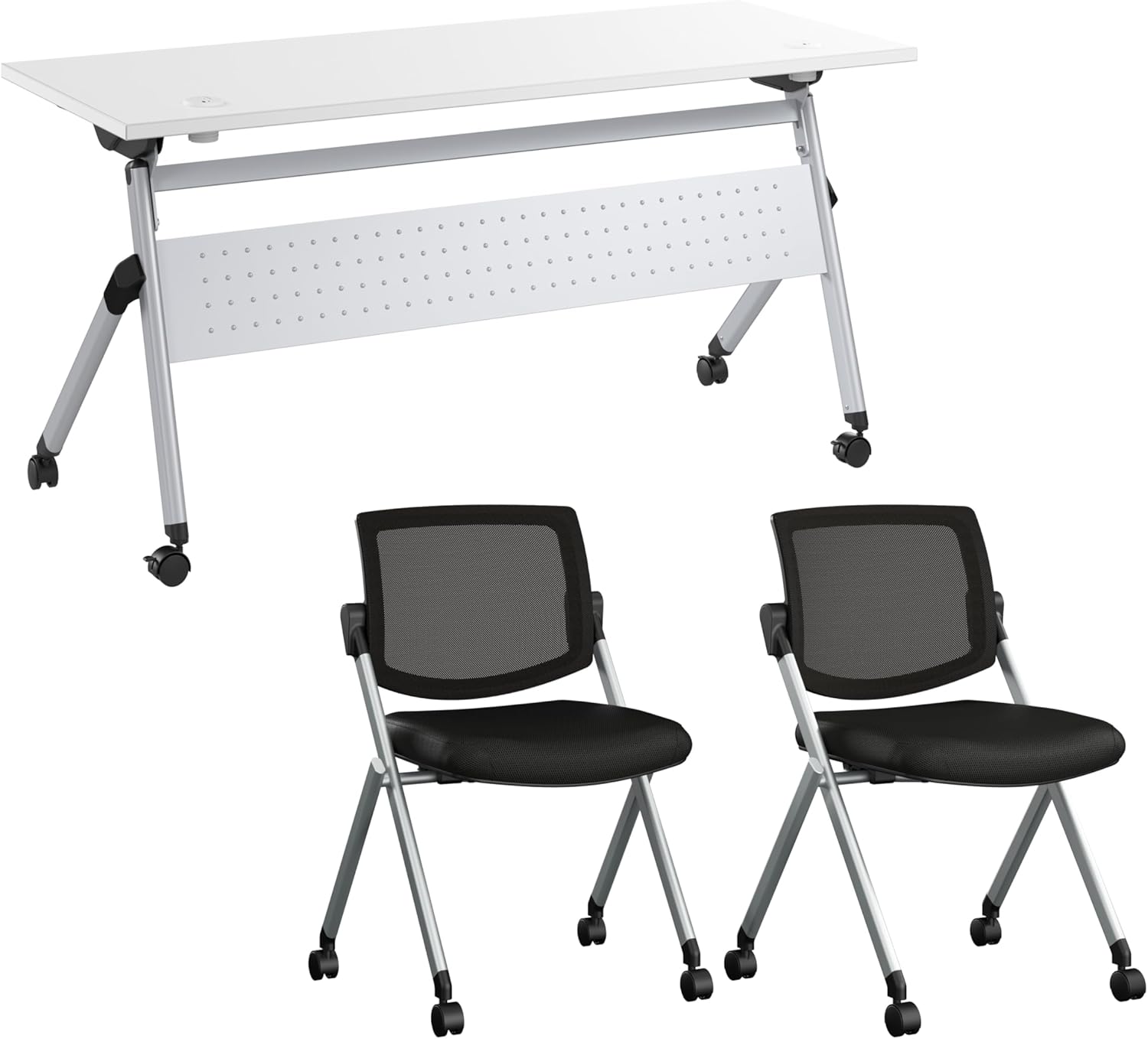 Bush Business Furniture Folding Training Table Set for 2, 72 inch Desk with Powered Grommets and 2 Chairs, Commercial-Grade Bundle for Office or Classroom, Envision Collection, White