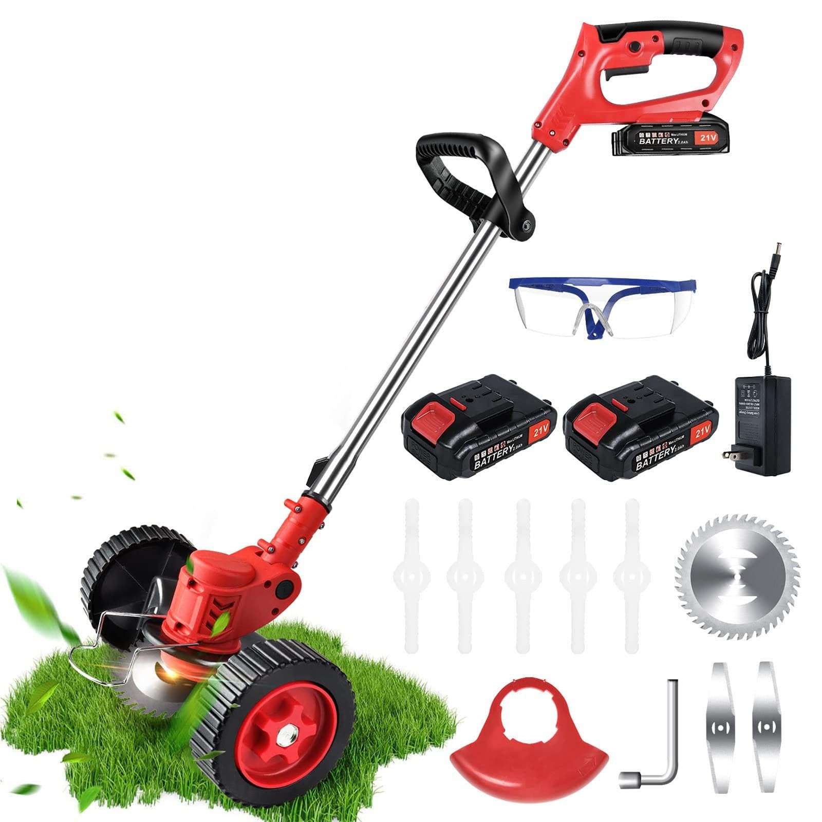 Desbrozadora de jardín inalámbrica de 21 V con batería de iones de litio de 4 Ah y batería de cargador, ruedas extraíbles, desbrozadora eléctrica para jardines y césped (2 unidades)