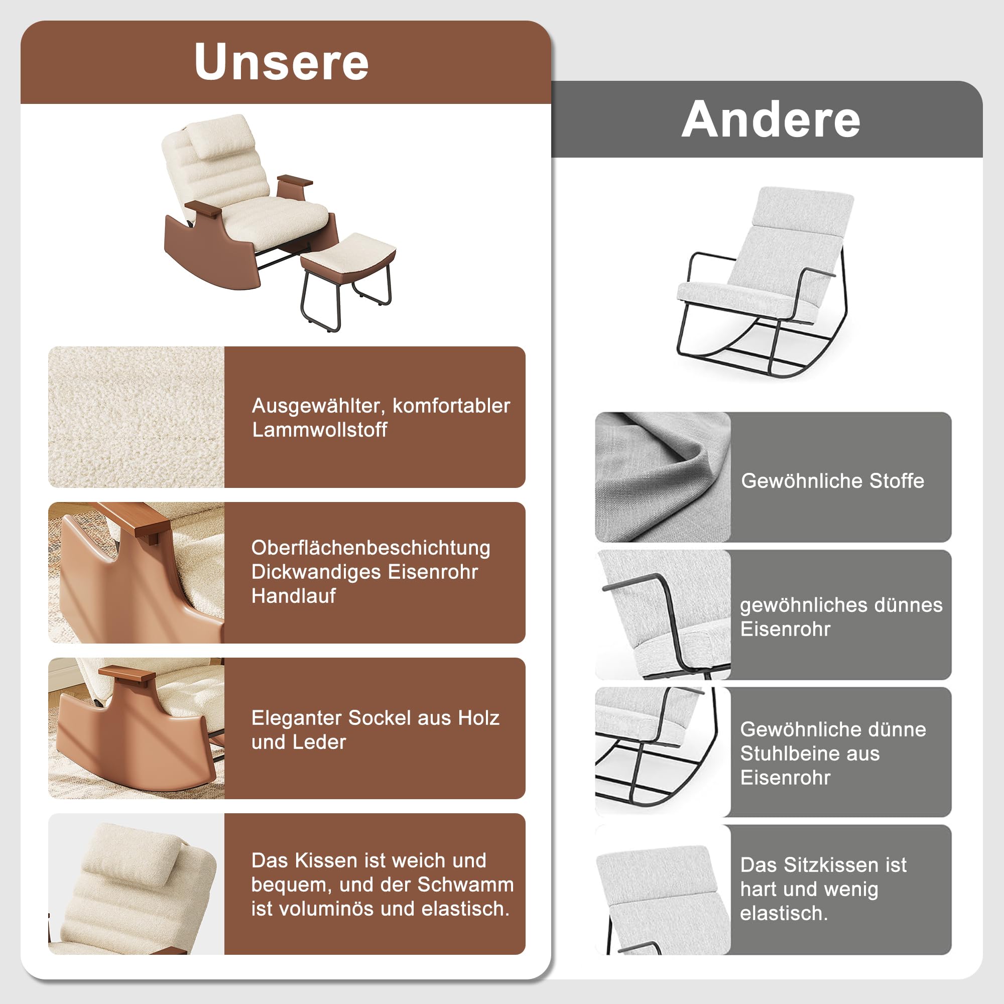 Silla mecedora con reposapiés, silla de relax para sala de estar con reposabrazos de hierro y respaldo ajustable, mecedora con reposapiés, silla silenciosa para dormitorio, jardín, terraza (Bigh-B)