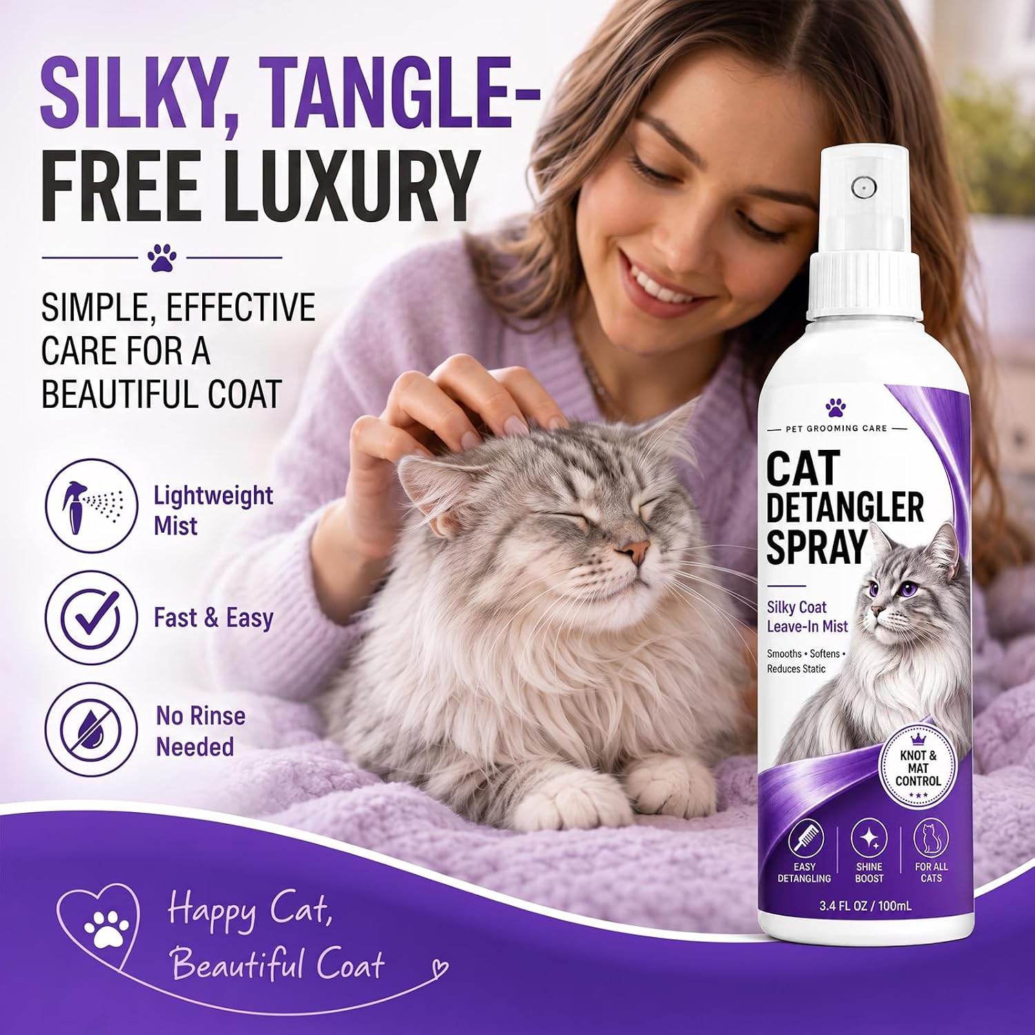 Cat Detangler Spray for Matted Hair, Leave in Pet Conditioner Spray image 2