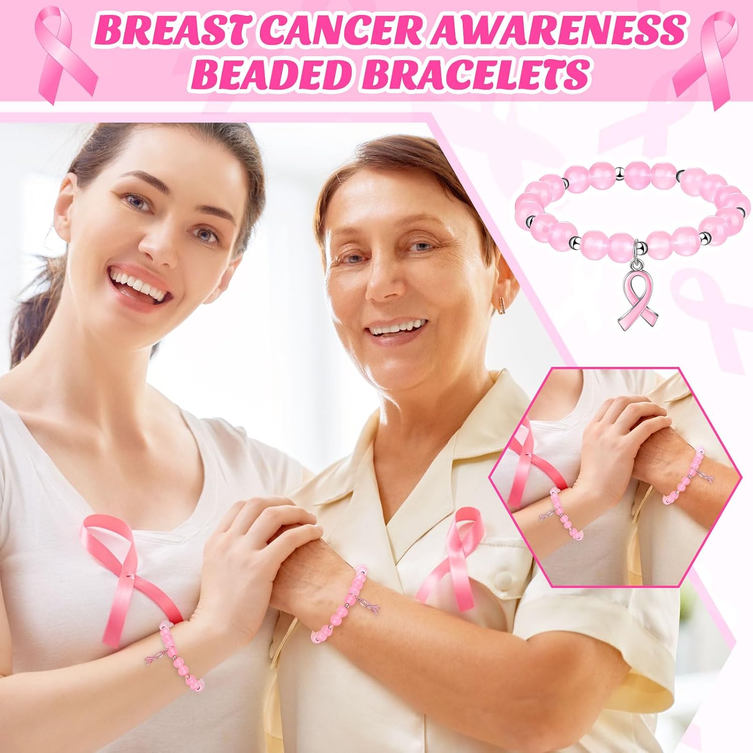Equsion 36 Pcs Breast Cancer Awareness Bracelets Gifts Pink Ribbon Breast Cancer Bracelets with Cards for Women Girls