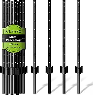 10 Pack Metal Fence Posts, 3ft Heavy Duty U-Post, Black Garden Stakes, No-Dig Post Anchors for Wire Fences, Temporary Fencing, Electric Fence, and Corner Support