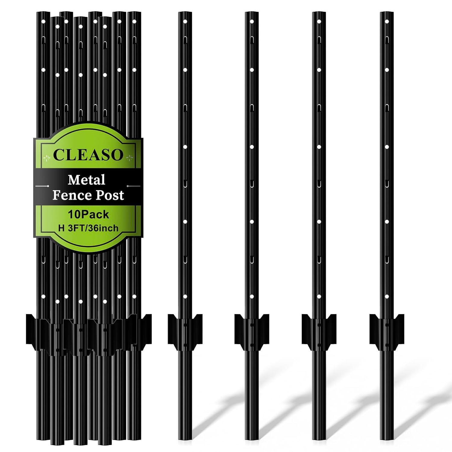 10 Pack Metal Fence Posts, 3ft Heavy Duty U-Post, Green Garden Stakes, No-Dig Post Anchors for Wire Fences, Temporary Fencing, Electric Fence, and Corner Support