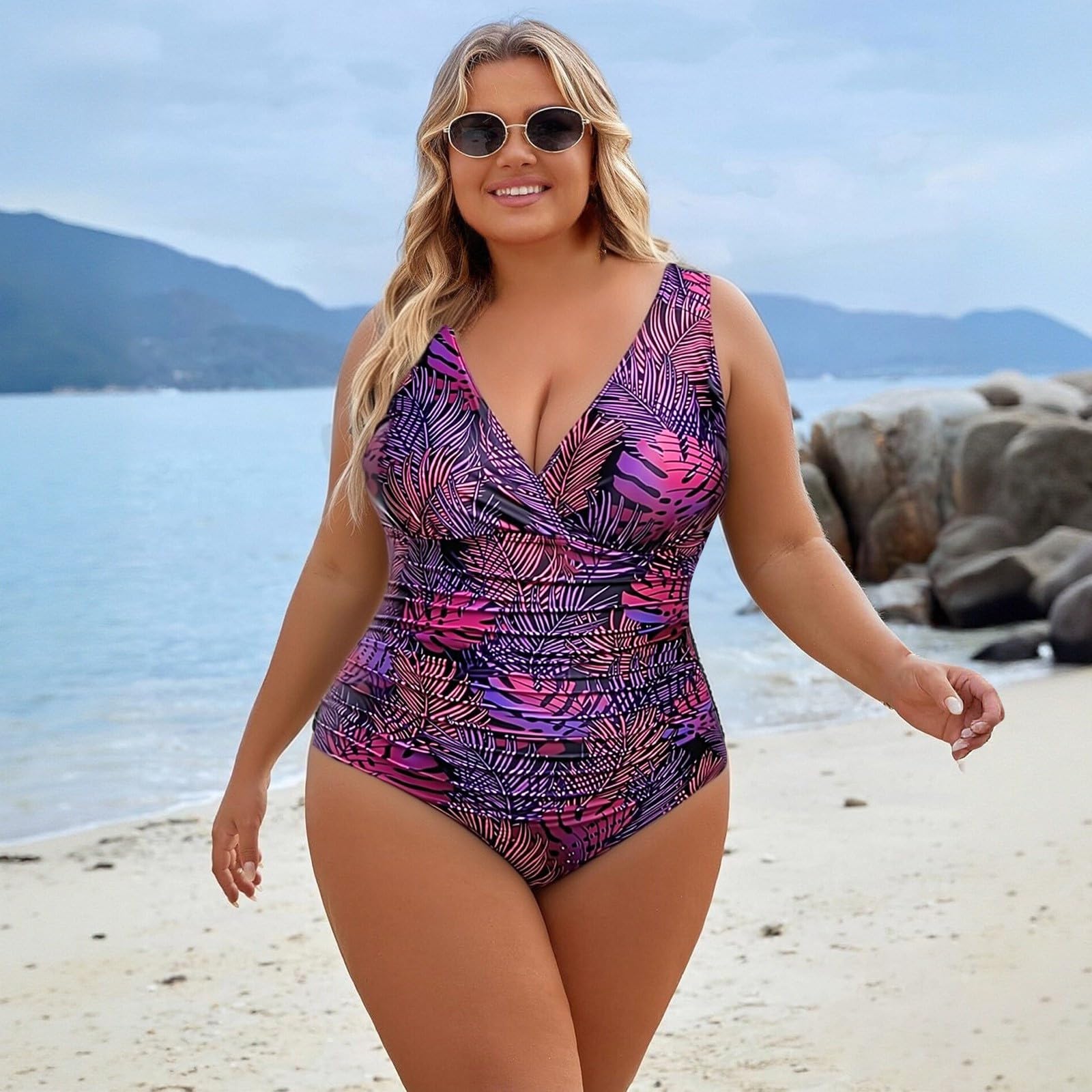 Traje de baño Talla Grande Control Volumen Escote V Fruncido, Mujer, una Pieza, con Lazo en la Espalda
