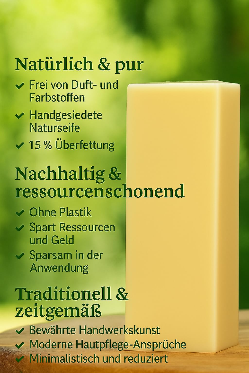 Naturseife hautnah – 1200 g Block – Handgesiedet, 15 % überfettet – Ohne Duft & Farbstoffe – Vegan & plastikfrei – Für sensible Haut & Minimalisten (Block)