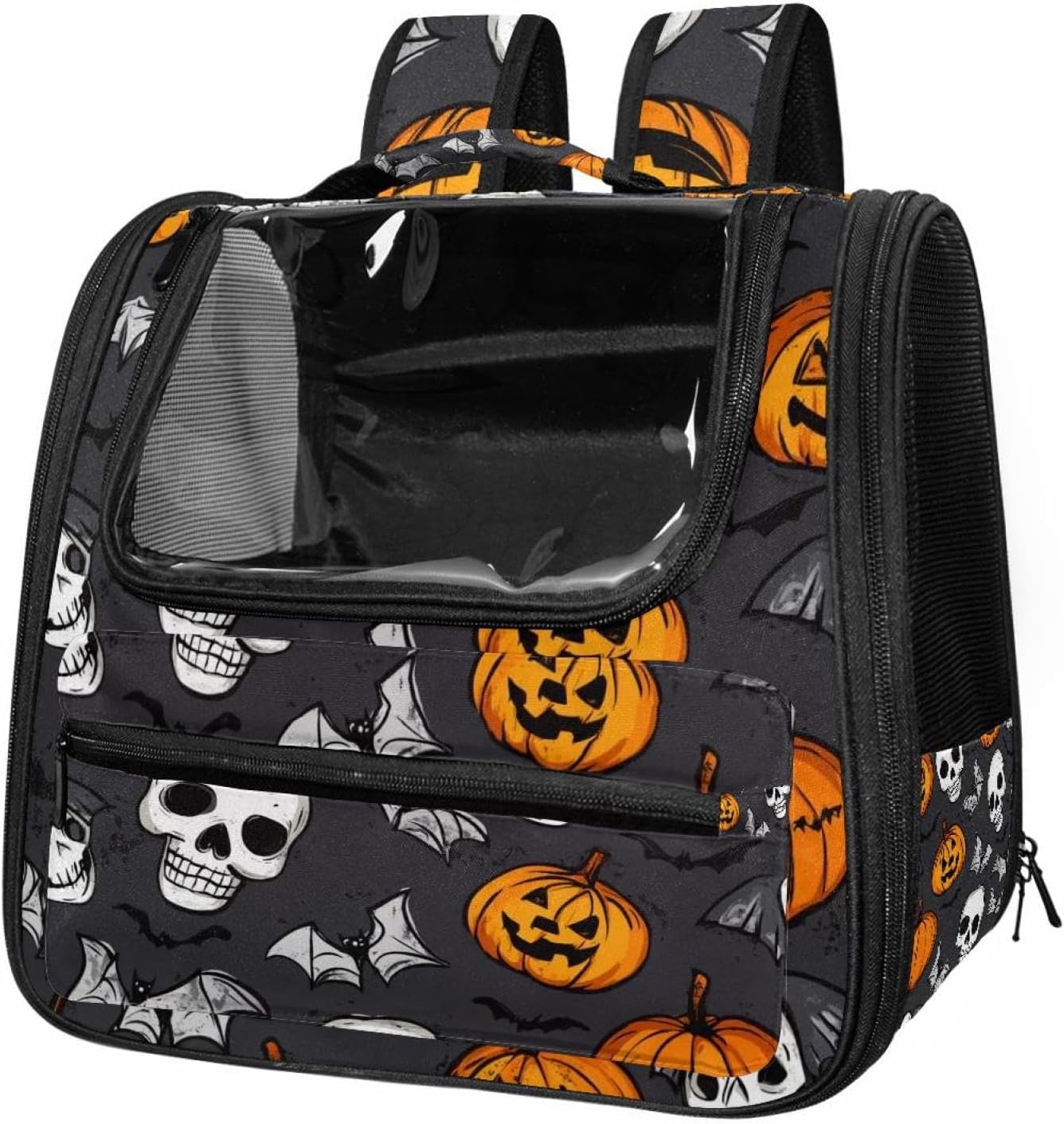 Portable Travel pet Backpack Carrier Hamster Bag Small Dog cat Carrier Breathable Hang Bag, Halloween Skulls Pumpkins Bats