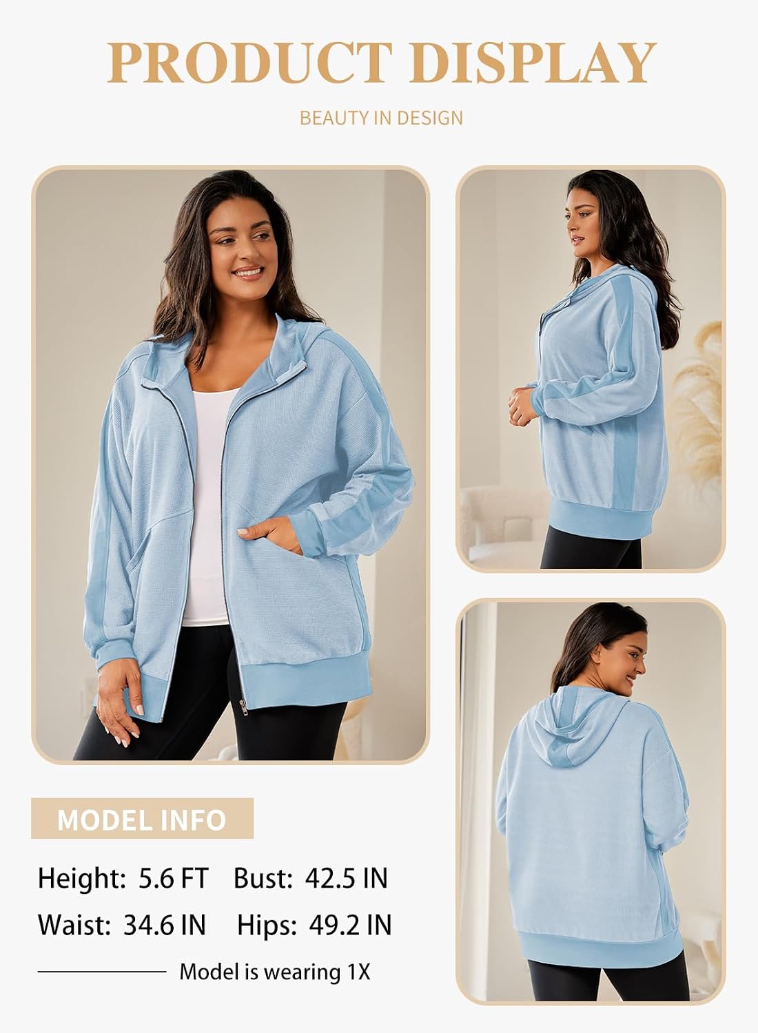 Eytino Plus Size Zip Up Hoodies for Women Oversized Waffle Knit Sweatshirt image 3