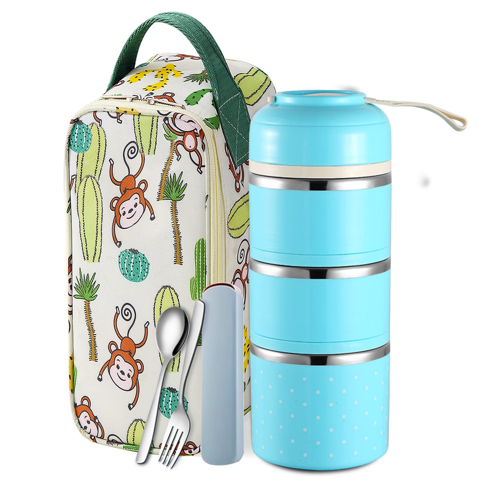 YBOBK HOME Bento Stackable Lunch Box Stainless Steel Thermal Compartment Multi-layered Leakproof Lunch Containers Insulated Bento Box Tower with Lunch Bag and Utensil Set for Adult and Kids (Blue)