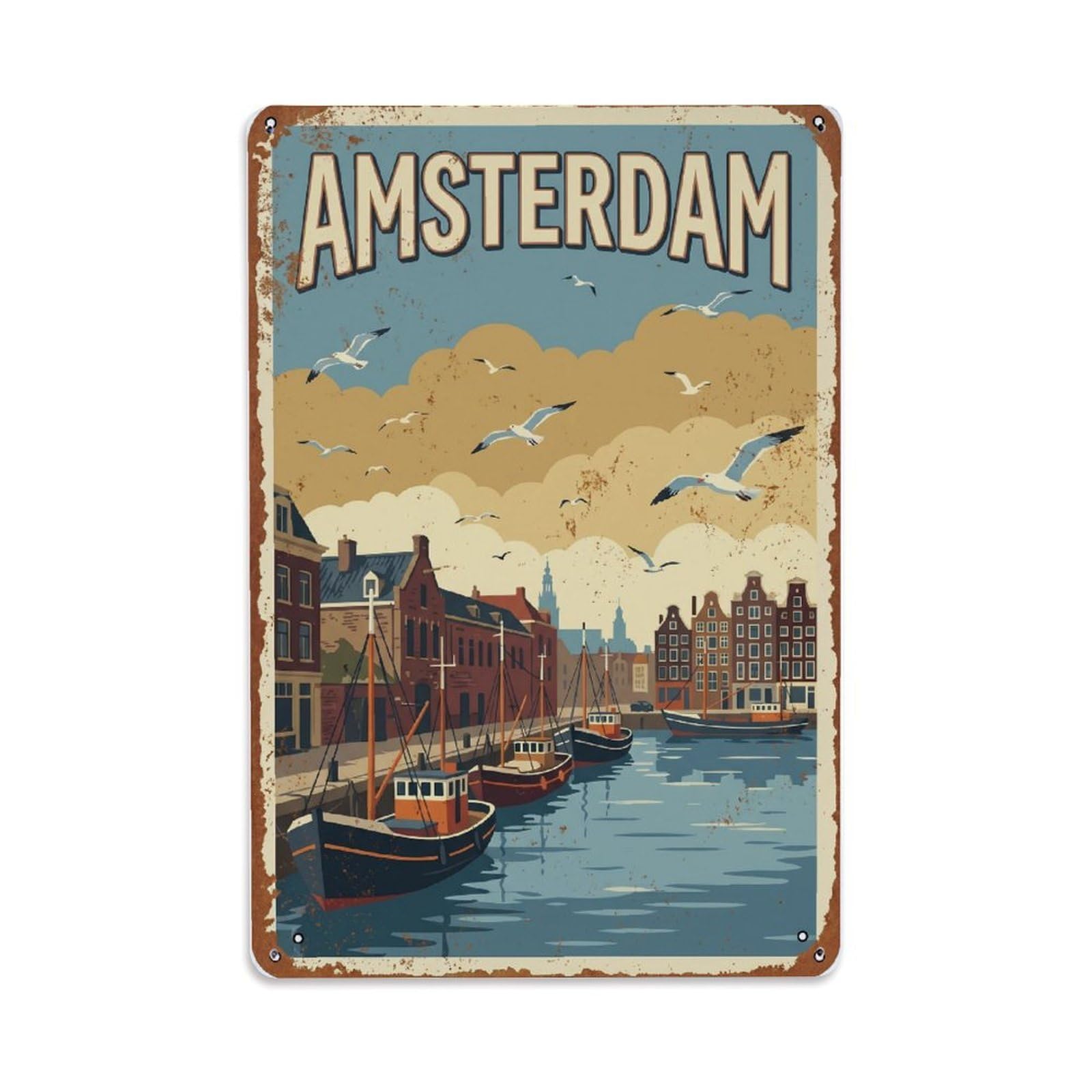 Vintage Travel Seagulls Netherlands Harbor Metal Tin Sign Plaque Wall Decor for Cafe, Club Bar, Office, Home Garden Metal Poster 8x12Inch