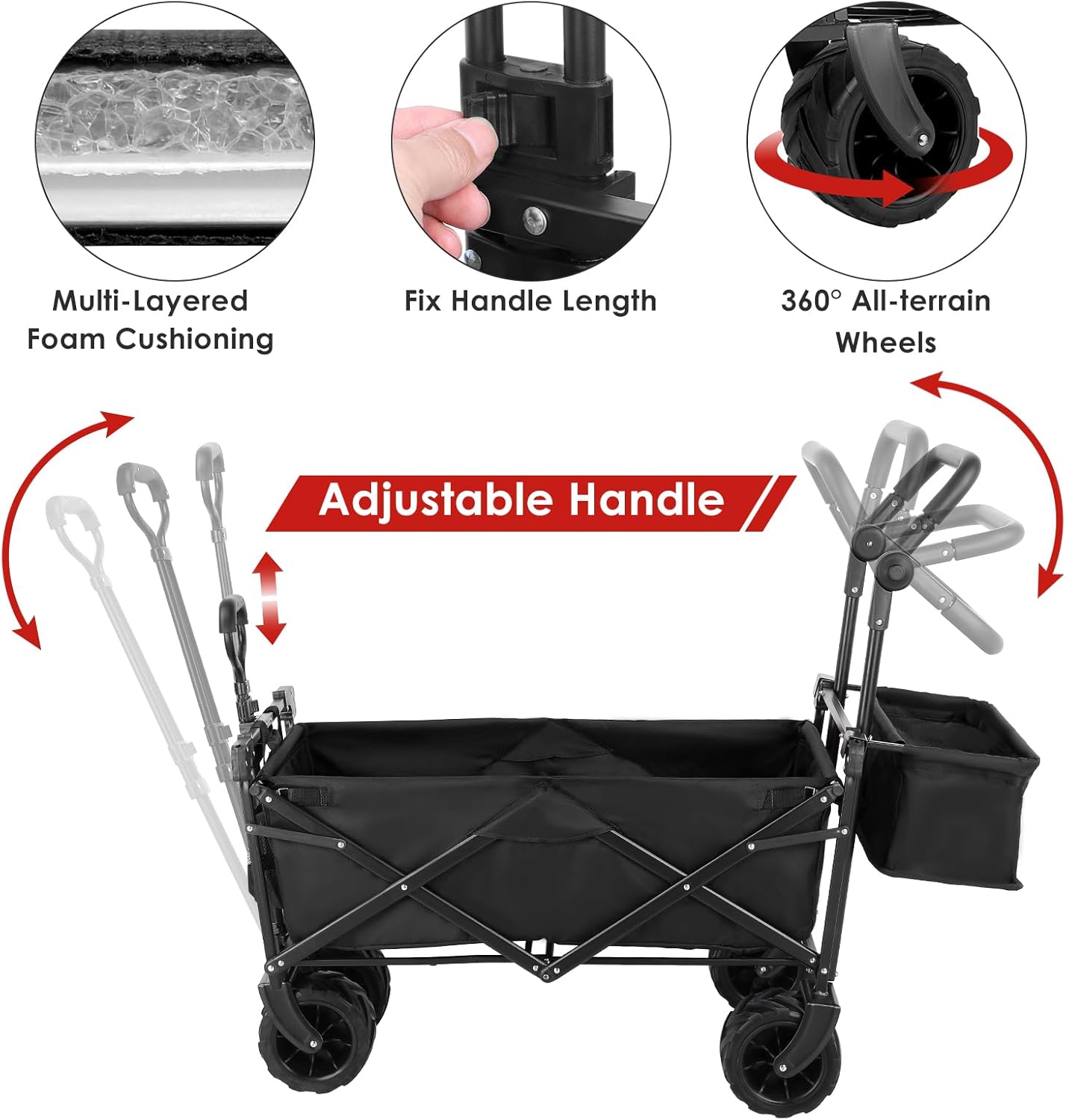 Arlopu Collapsible Garden Cart w/Removable Canopy, Extra Large Folding Utility Wagon Carts w/7" Wheels, Heavy Duty Outdoor All Terrain Beach Wagon for Camping, Shopping, Picnic, Sports (Black)