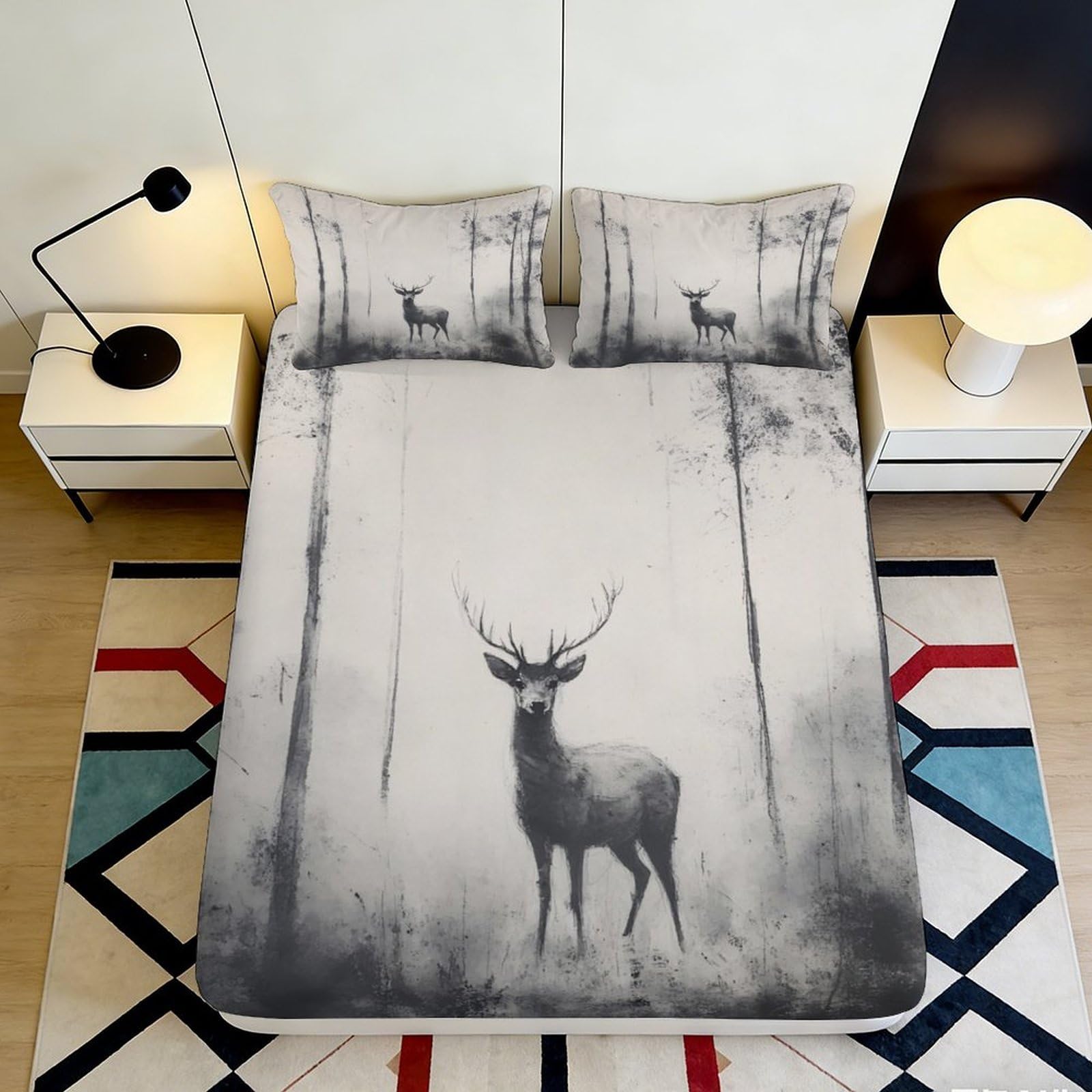3D Printed Forest Deer Fitted Sheet Microfiber Anti-Slip Bed Sheet Nordic Elk Mattress Cover for Bedroom and Guest Room 90x200x25cm