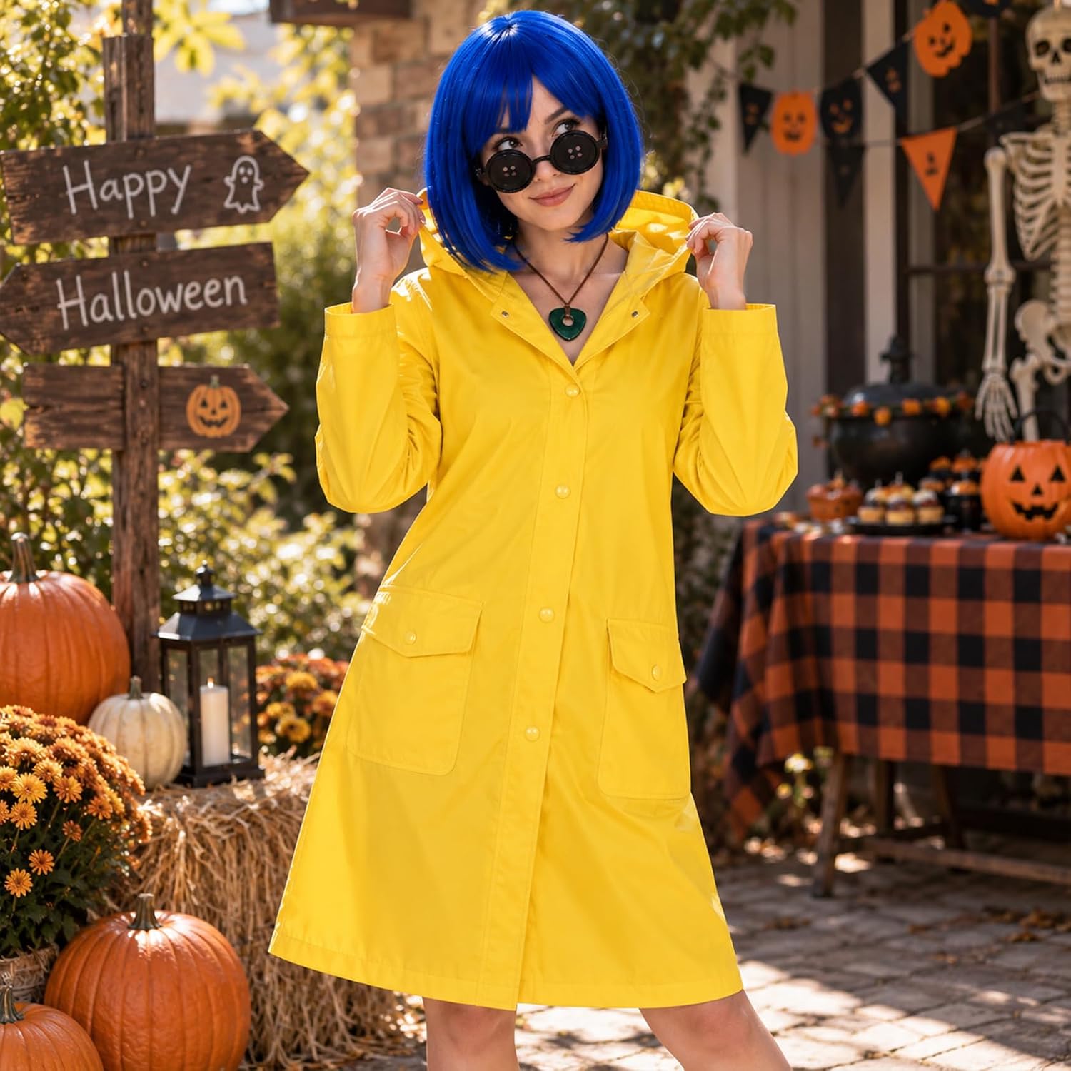 Kavoc 6 Pcs Halloween Raincoat Costume Set for Women Include Bob Wig Button Glasses Necklace Hair Clip for Theme Party Dress Up