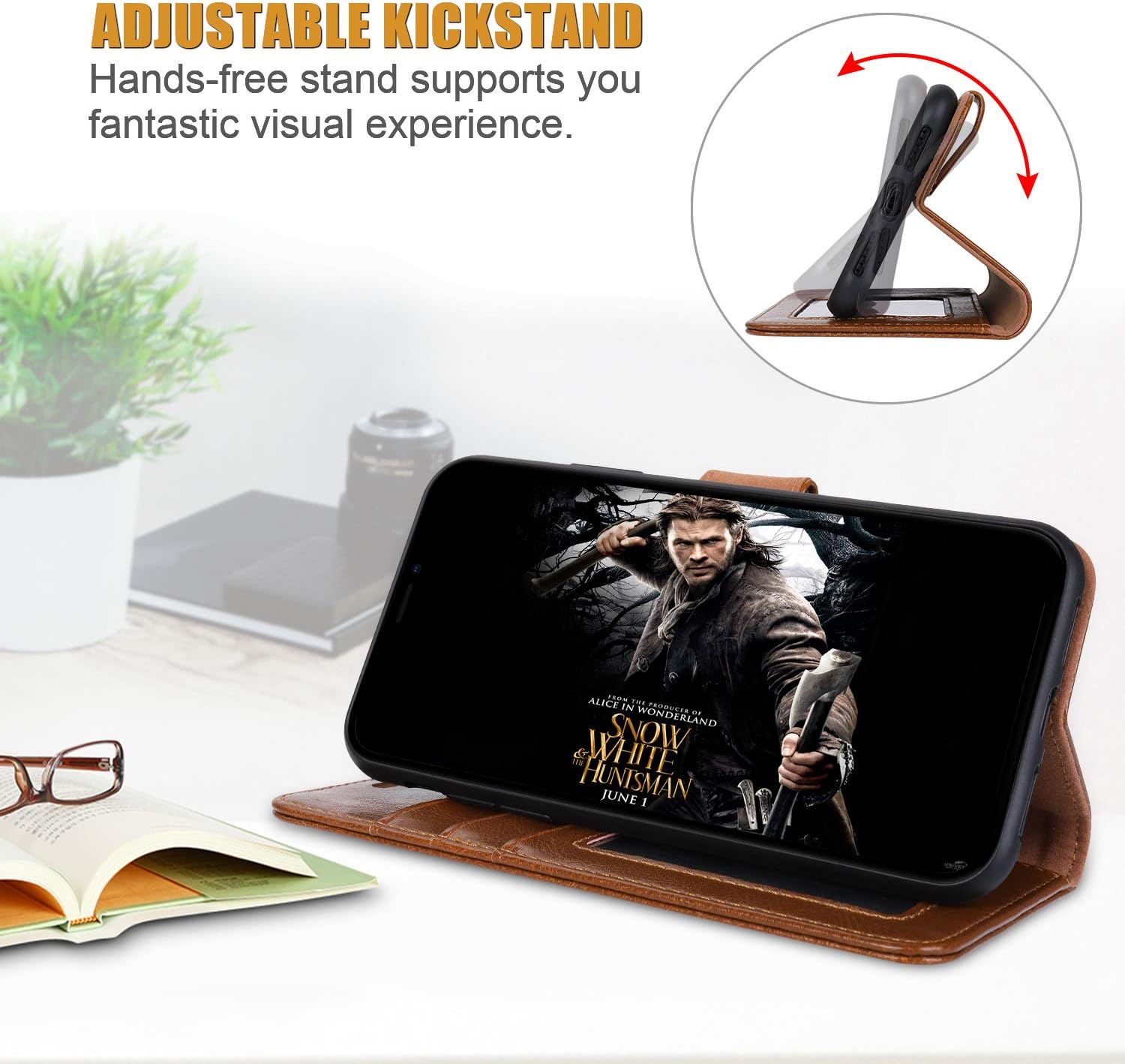 JISONCASE Leather Wallet Case for iPhone XR, Flip Genuine Leather Cover with Kickstand, Cash Slot, Magnetic Closure and Wireless Charger for iPhone XR, 6.1", Brown