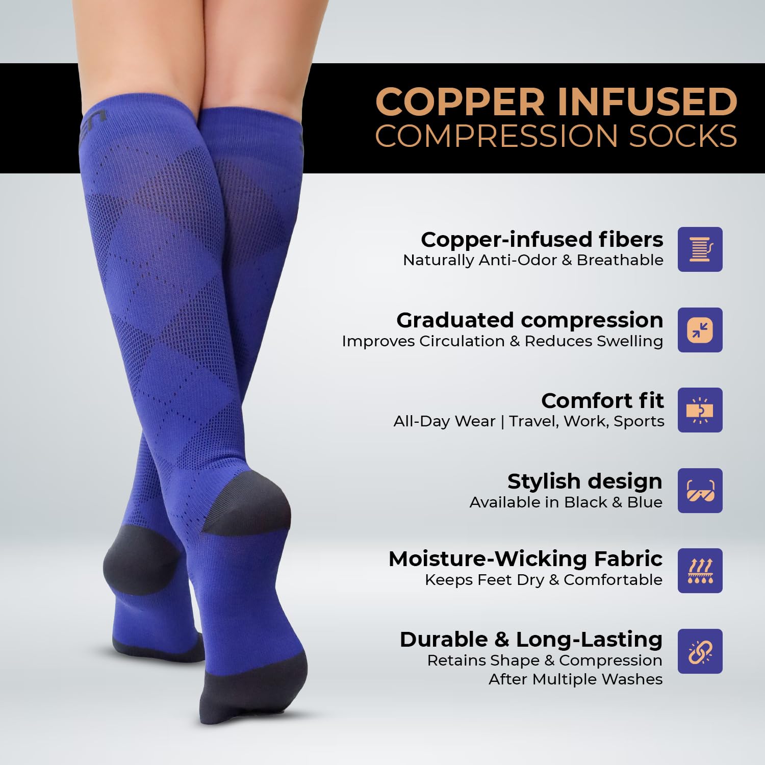 Sorgen Copper Infused Compression Socks 18-23 mm Hg – Graduated Support for Improved Circulation, All-Day Comfort, Ideal for Travel & Daily Wear – Black