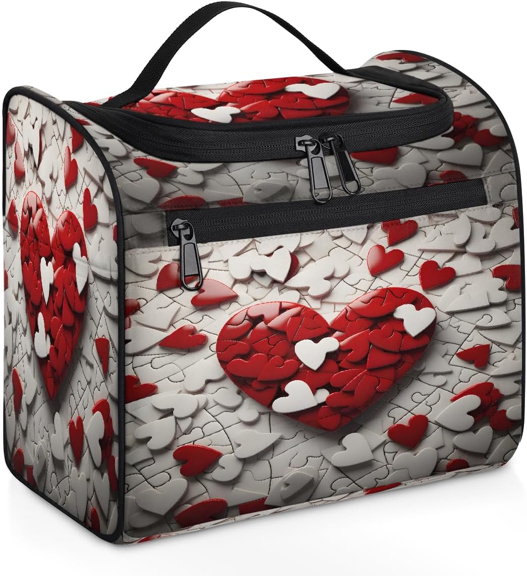 Makeup Organizer Bag Red Love Heart Puzzle Art Large Cosmetic Bag for Women Men Hanging Makeup Case with Handle, Double Zipper Cosmetic Case for Travel Vacations Gift