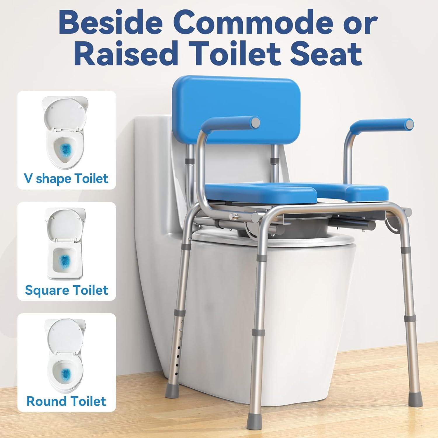 Loyoda Drop Arm Bedside Commode with Linners, Commode with Padded Seat and Backrest, 500lbs Capacity, 5.81QT Removable Bucket, Adjustable Height Portable Toilet for Adults, Blue