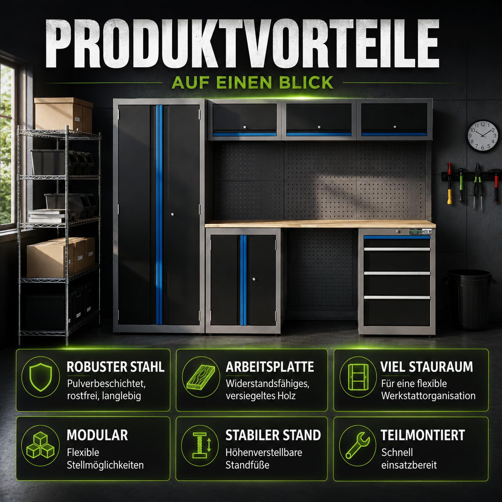TRUTZHOLM Werkstattwand 13 tlg. aus Stahl 260 x 183 cm modulares Werkstattschranksystem flexibel stellbar & abschließbar mit Holzarbeitsplatte Hochschrank Schubladen Lochwand für Werkstattorganisation