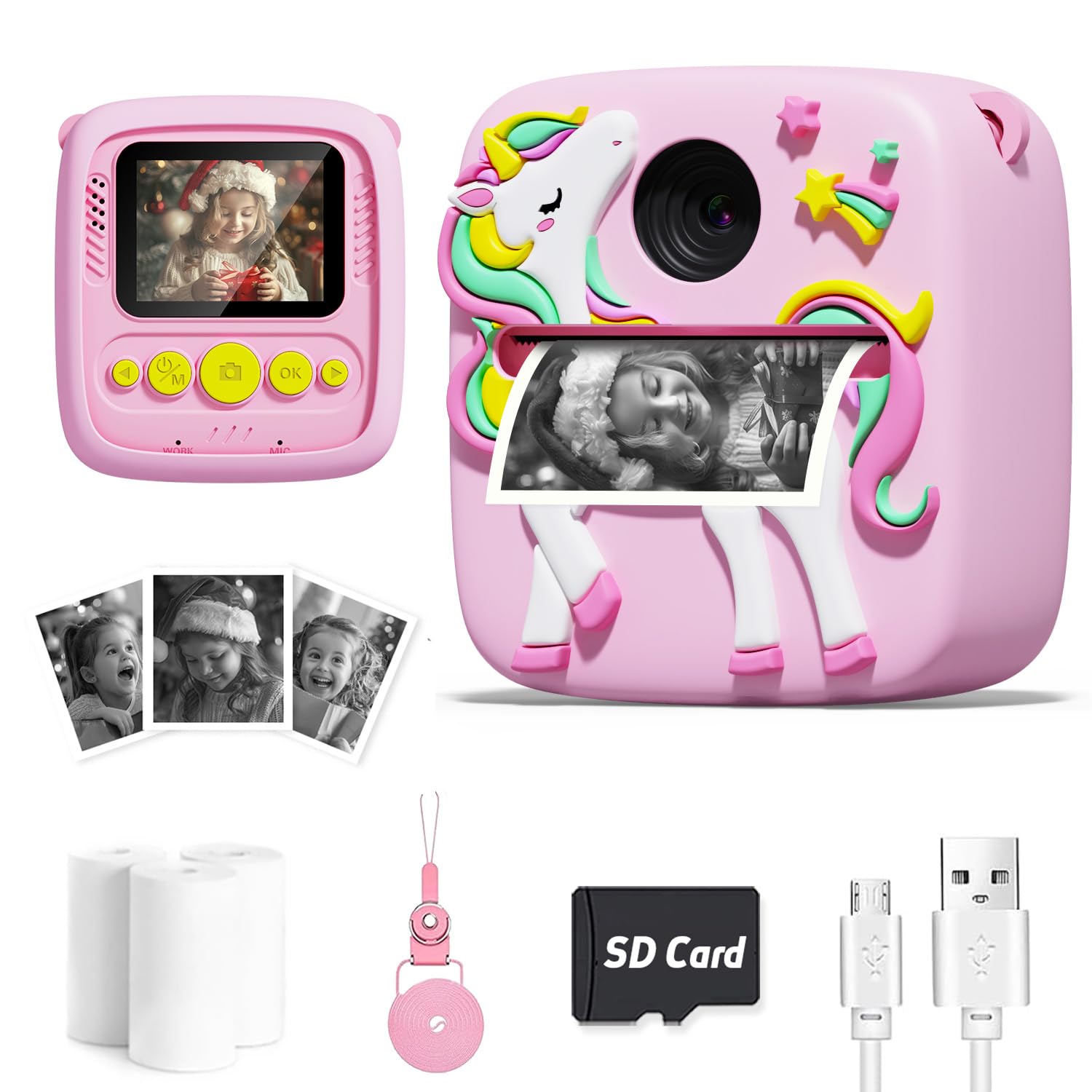 Lizzbey Kids Camera Instant Print, Christmas Birthday Gift for Girls 3-12 Year Old, 1080P Kids Digital Camera Toys with Unicorn Cover, Toddler Camera