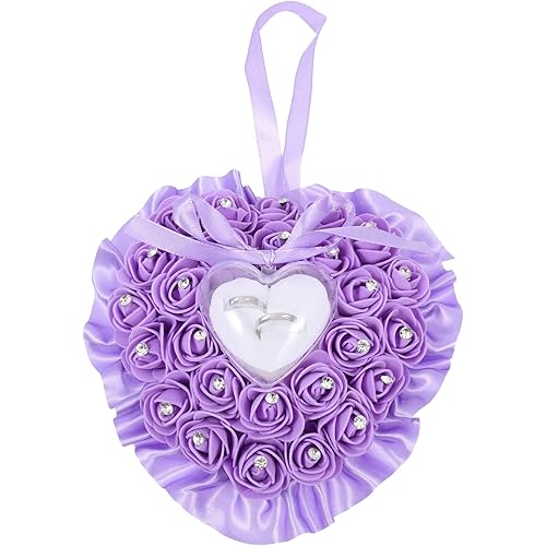 Proposal Ring Wedding Ring Pillow Romantic Lace Crystal Rose Heart Shape Ring Box Pillow Cushion Ring Bearer Pillow with Ribbon for Wedding Ceremony Supplies Gift Purple Jewelry Rings