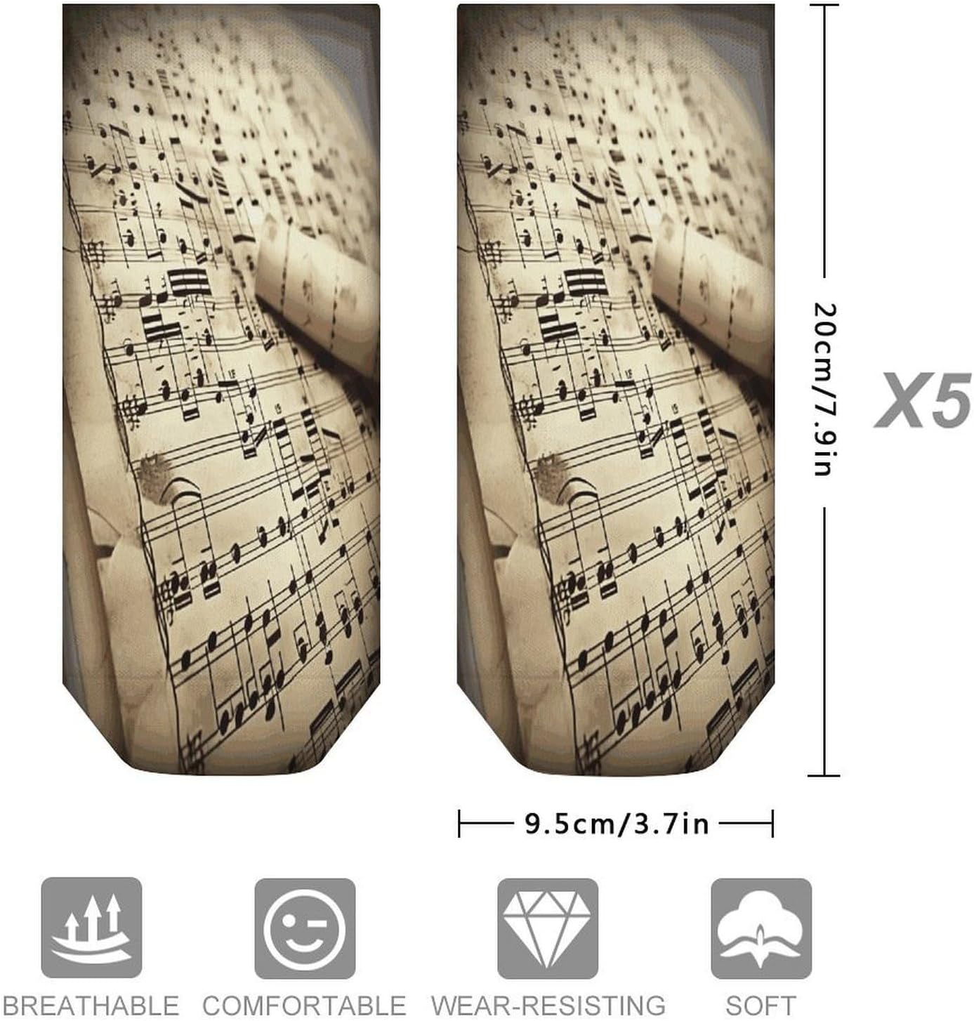 Sheet Music Ankle Socks for Men Women 5 Pairs | Comfortable Casual Low Cut Socks, Lightweight No Show Breathable Athletic Socks, Soft Mini Crew Socks for All Seasons