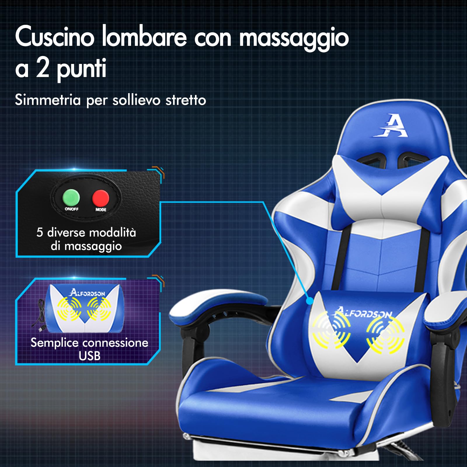 Sedia Da Gaming Massaggiante ALFORDSON - Pelle PU, Reclinabile 150°, Poggiapiedi, 180kg - Foto 11