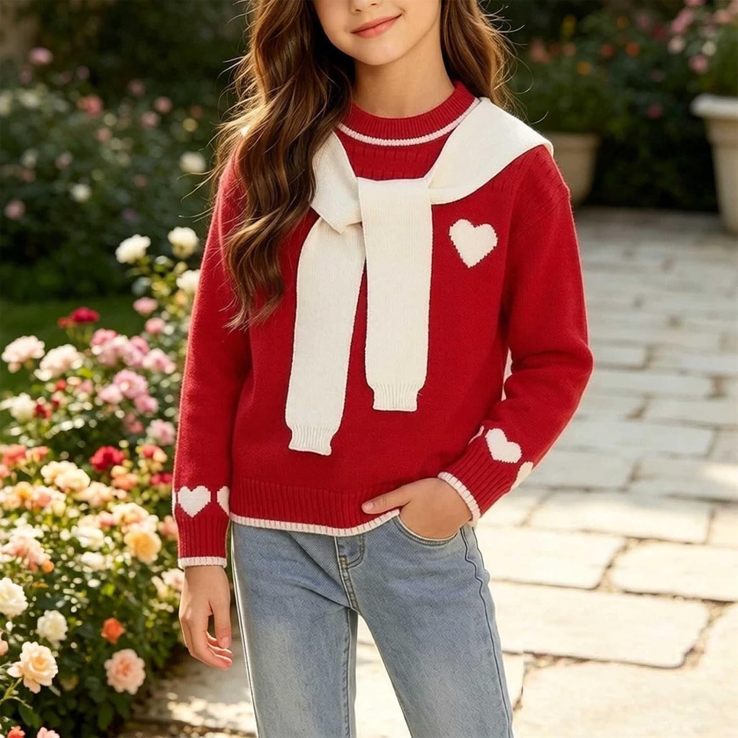 Girls Heart Knit Sweater Scarf Detail Long Sleeve Crew Neck Pullover