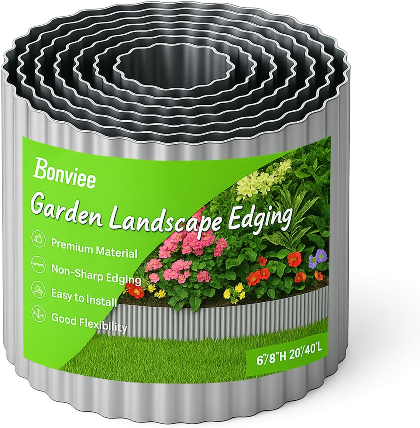 Bonviee 6” x 20’ Metal Landscape Edging Border Kit, Corrugated Garden Edging for Flower Bed, Lawn, Walkways, No Dig Paver Edging for Landscaping, Durable Garden Border Edging (Silver, 6In x 20Ft)