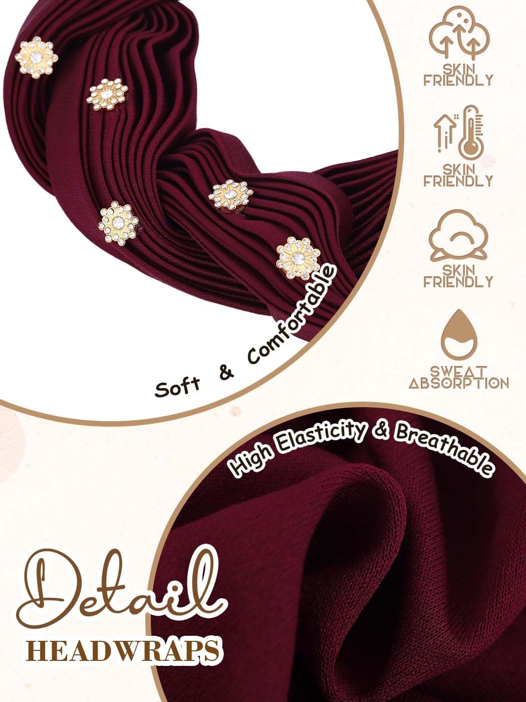 Woeoe Women African Turban Pre-Tied Twisted Beanie Cap Headwear Rhinestone Soft Stretchy Head Turbans - Image 3