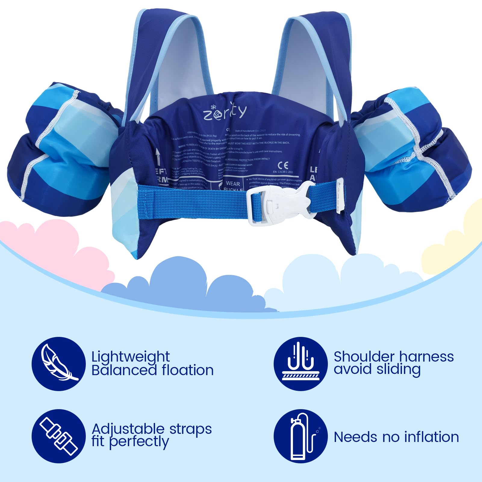 Zeraty Gilet de Natation pour Enfants Flotteurs pour Enfants Bande de Bras de Natation pour Enfants avec Harnais d'épaule, Veste d'aide à la Natation pour Les garçons/Filles de 20 à 50 livres/2-6 Ans