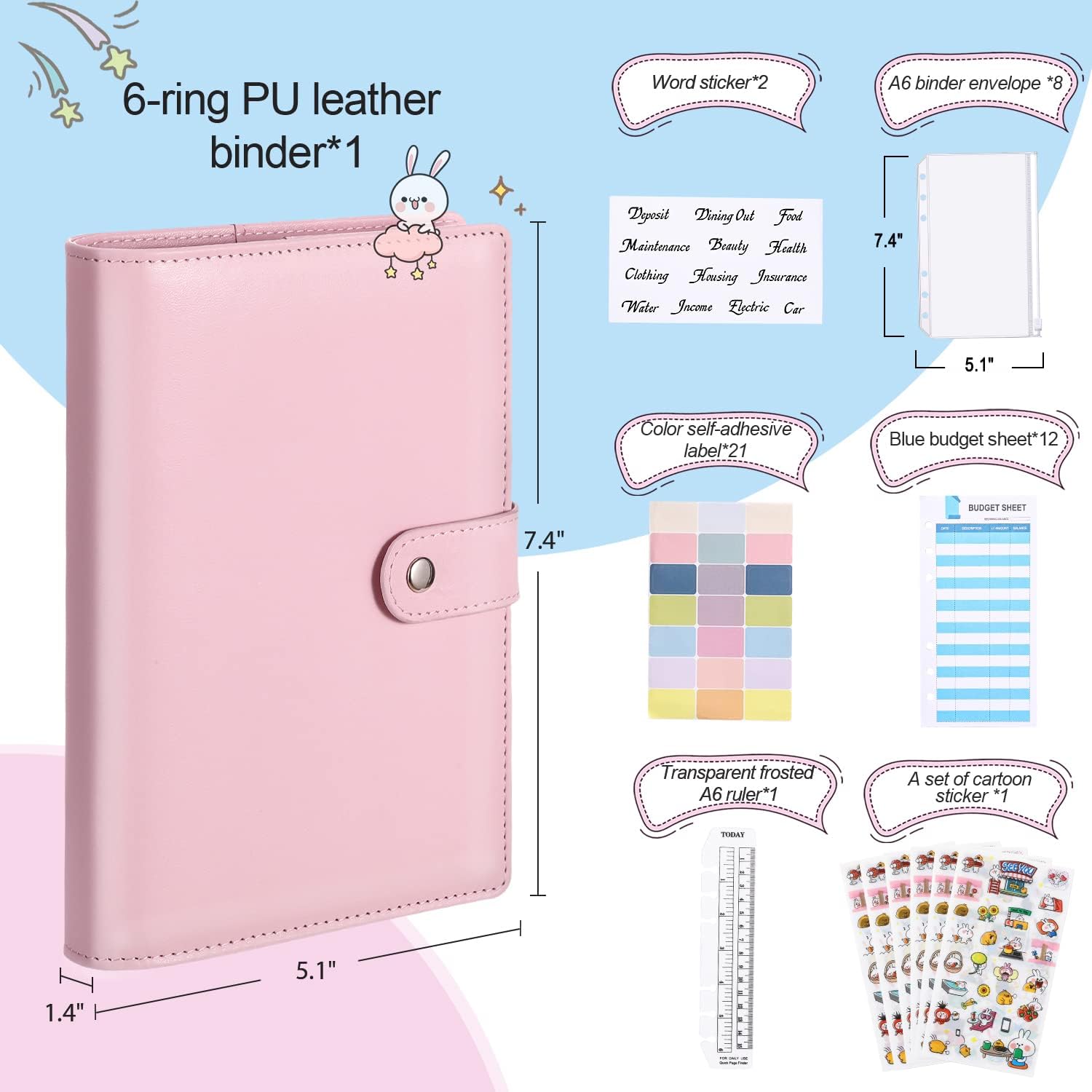 TiMOVO A6 Budget Binder Planner, 6 Ring Notebook Binder Pockets Budget Envelopes PU Leather Folder 8 pcs Loose-Leaf Clear Plastic Pockets & 12 Budget Sheets & Labels & Word Stickers - Pink