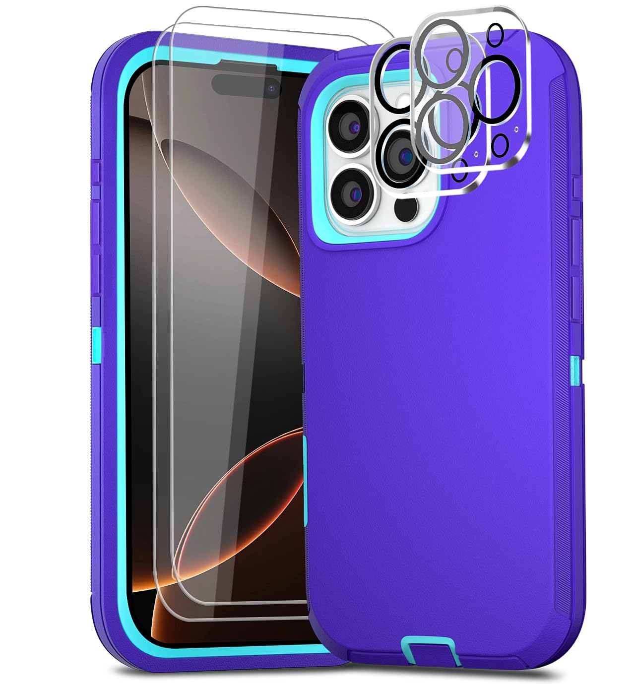 COLDNICE for iPhone 16 Pro Case 6.3" with 2 Screen Protector & 2 Camera Lens Protector, Full Body Protection Heavy Duty Case Cover (Purple Blue)
