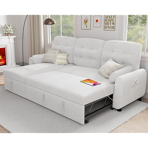 Ucloveria Sectional Sofa Couch, 87" Sleeper Sofa Bed with Reversible Storage Chaise Pull Out Couch for Living Room | Side Pocket | Charging Station | Removable Backrest | Linen Fabric, White