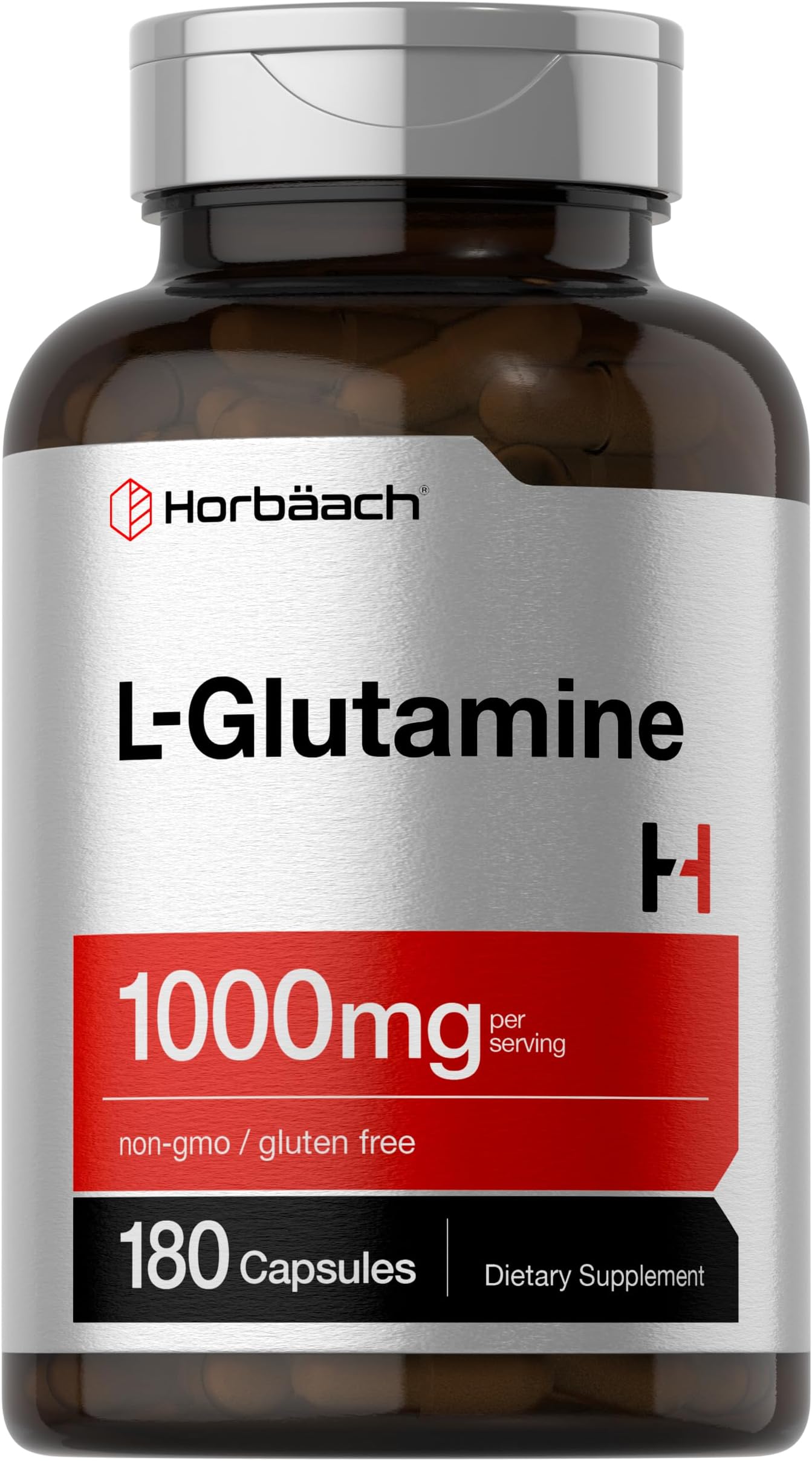 Horbaach L Glutamine Capsules 1000mg | 180 Powder Pills | Supplement for Women and Men | Pre Workout & Post Workout | Non-GMO & Gluten Free