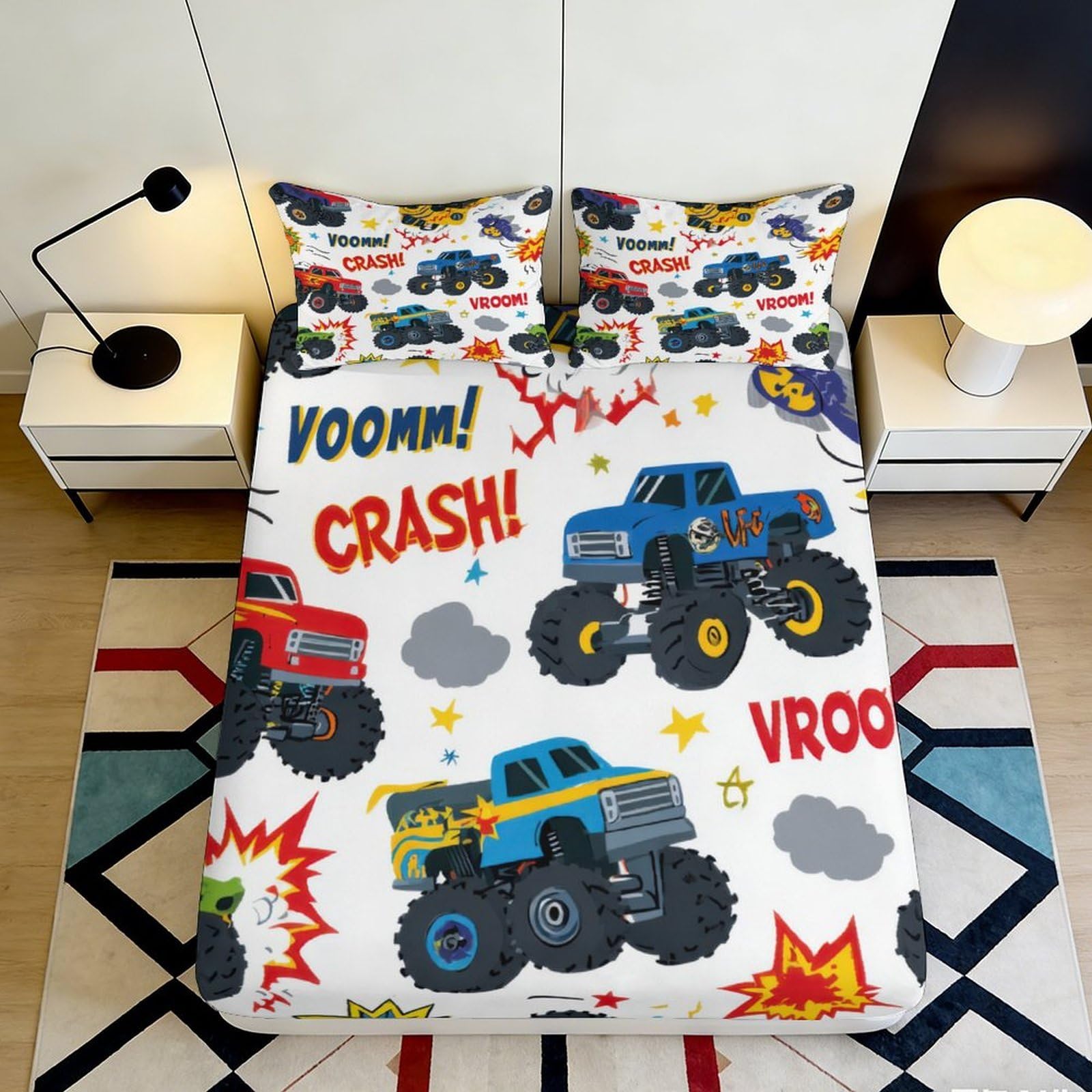 Pnayamiorkfel Style-9 3D Printed Monster Truck Fitted Sheet Microfiber Bedroom Decor Crash Vroom Bed Cover For Home Guest Room 90X200x25cm