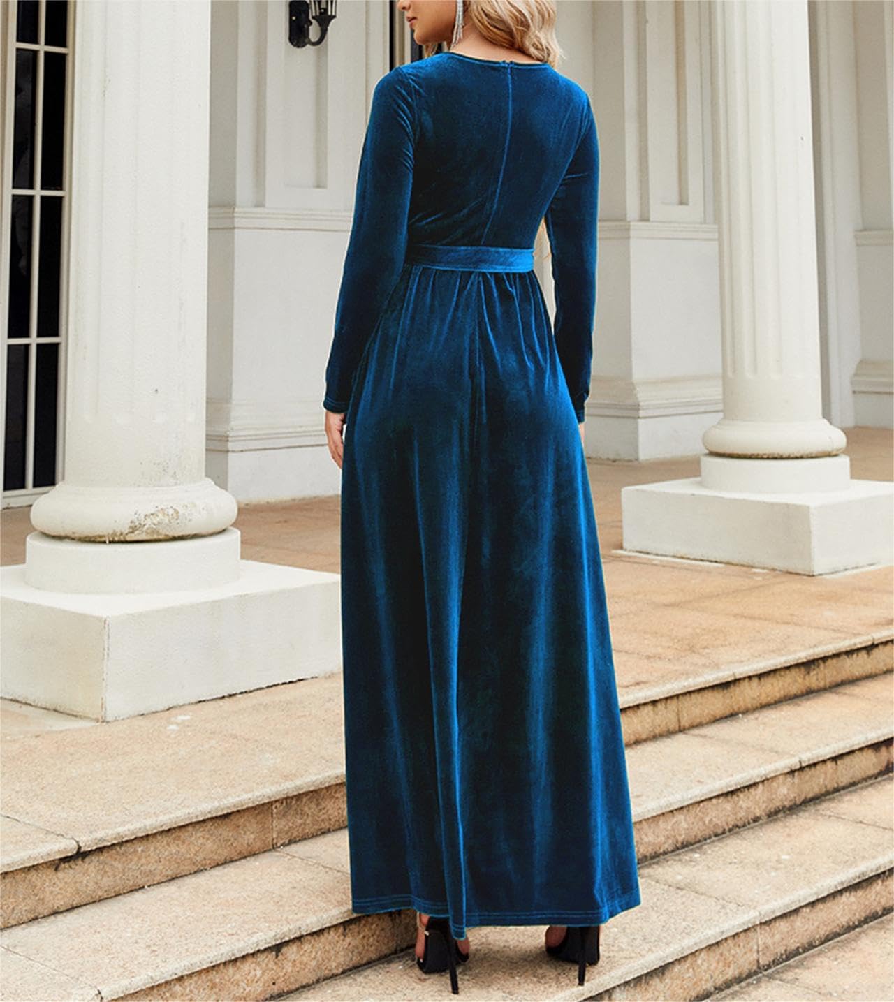 Smoneyful Velvet Maxi Dress for Women Long Sleeve Velvet Dress for Party Wedding Guest A-Line High Waist Belted Evening Gown