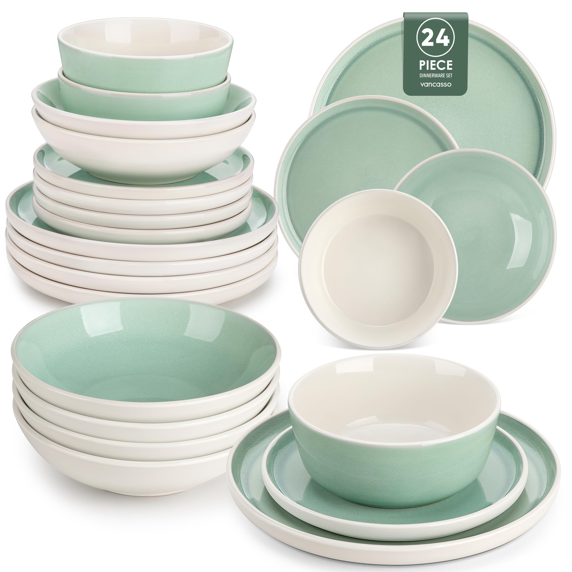 vancasso ELBA 24 Piece Dinner Set for 6, Durable Stoneware Plates and Bowls for Everyday Meals, Green Reactive Glaze Set with Dinner Plates, Dessert Plates & Cereal Bowls, Microwave & Dishwasher Safe