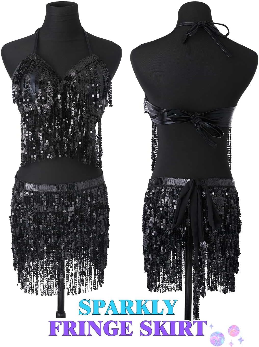 REETAN Sequin Belly Dance Bra Top Skirt Mermaid Rave Outfit for Women