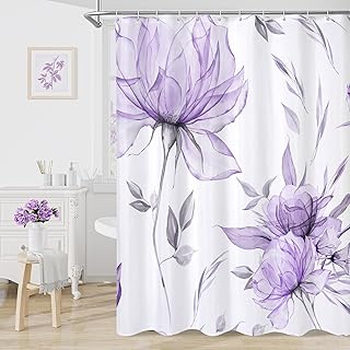 Litabel Purple and Grey Boho Watercolor Floral Shower Curtain, Ink Paint...